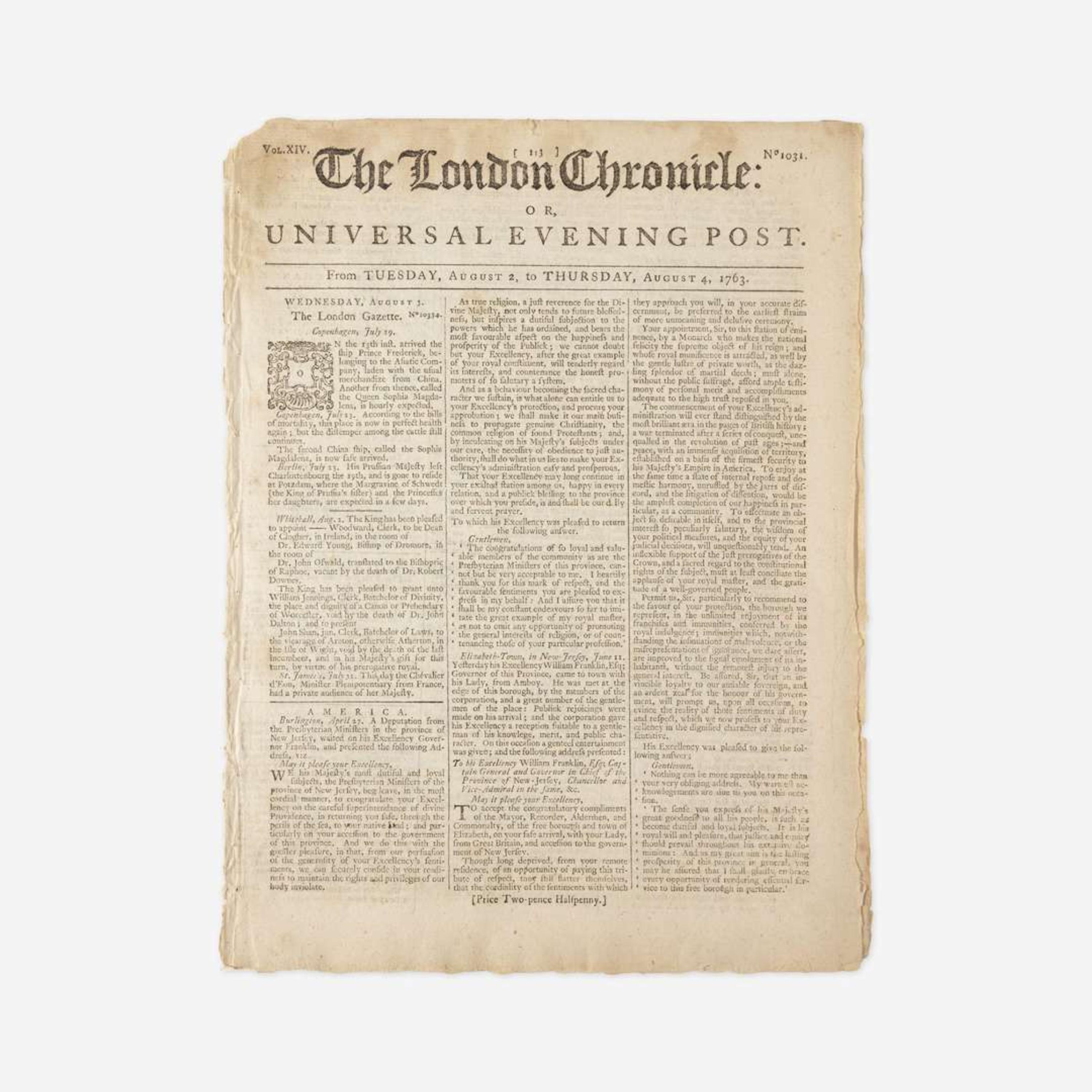 [Americana] [Mason Dixon Line] The London Chronicle: or, Universal Evening Post