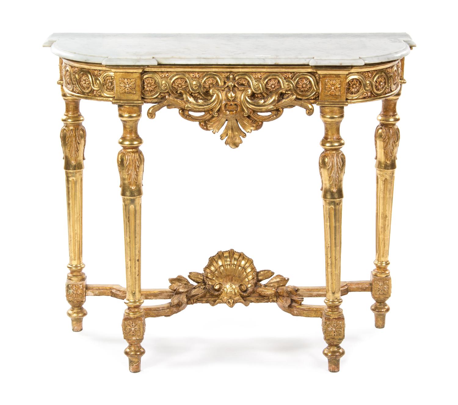 A Louis XVI Style Giltwood Console Table, LATE 19TH CENTURY, Height 37 3/4 x width 44 x depth 17 1/2 inches. — LATE 19TH CENTURY,