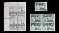 A Single and a Block of Four Canada 1956 Pulp & Paper: Flying 'G' Overprint 20-Cent Stamps