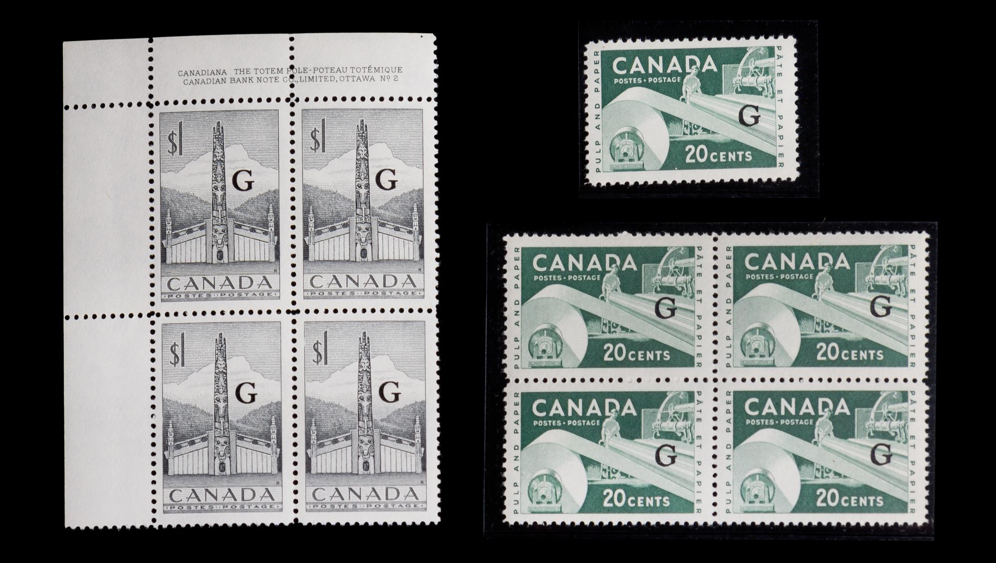 A Single and a Block of Four Canada 1956 Pulp & Paper: Flying 'G' Overprint 20-Cent Stamps
