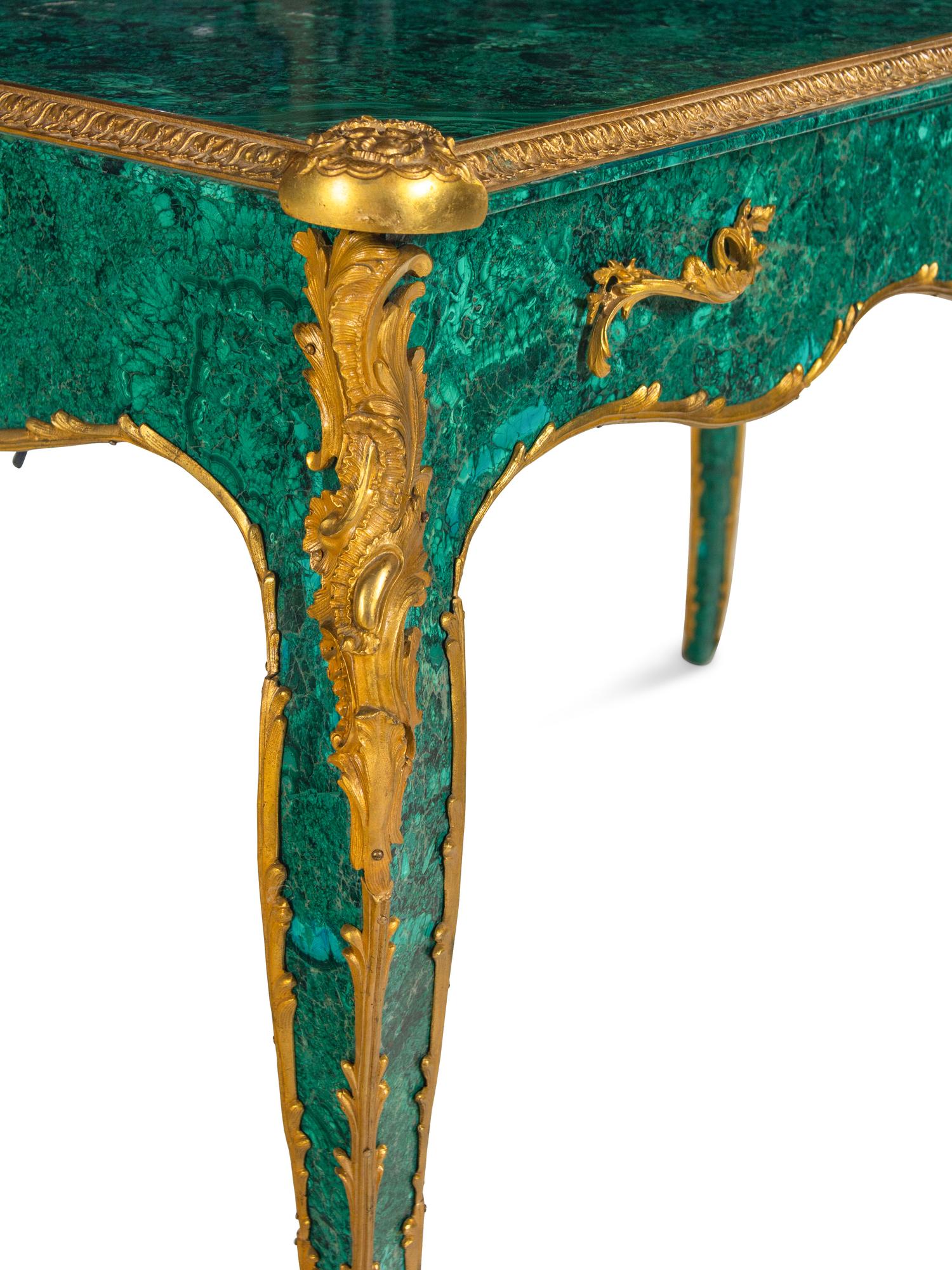 A Louis XV Style Gilt Bronze Mounted Malachite Veneered Bureau Plat