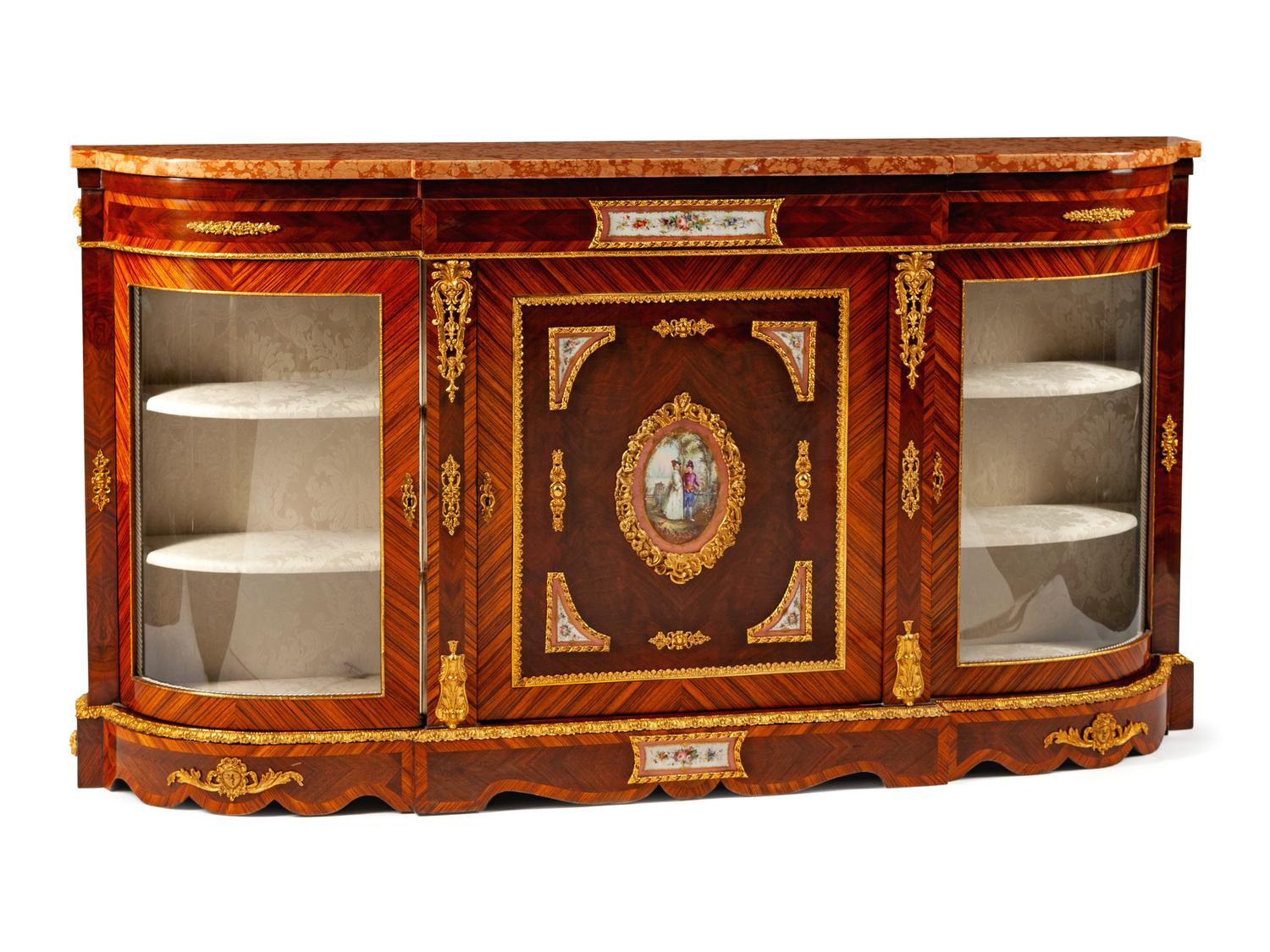 A Pair of French Gilt Metal and Painted Porcelain Mounted Marble-Top Console Cabinets