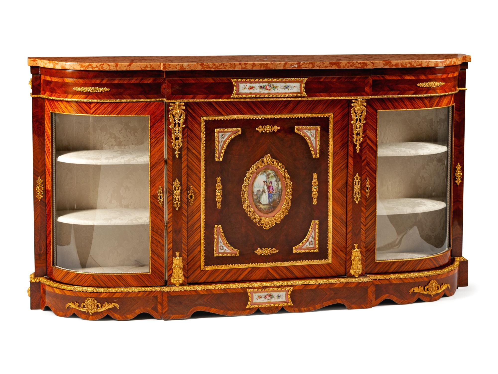 A Pair of French Gilt Metal and Painted Porcelain Mounted Marble-Top Console Cabinets