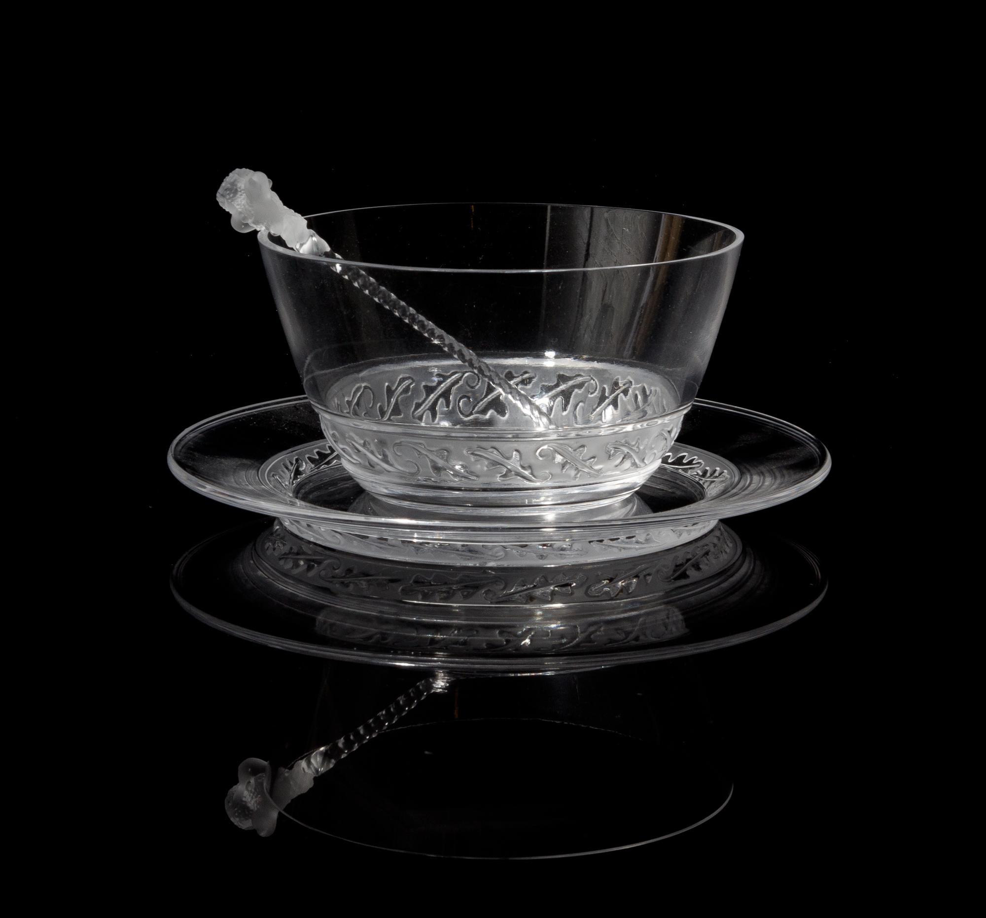Lalique, , a Saint-Hubert pattern finger bowl and underplate, together with a stirrer