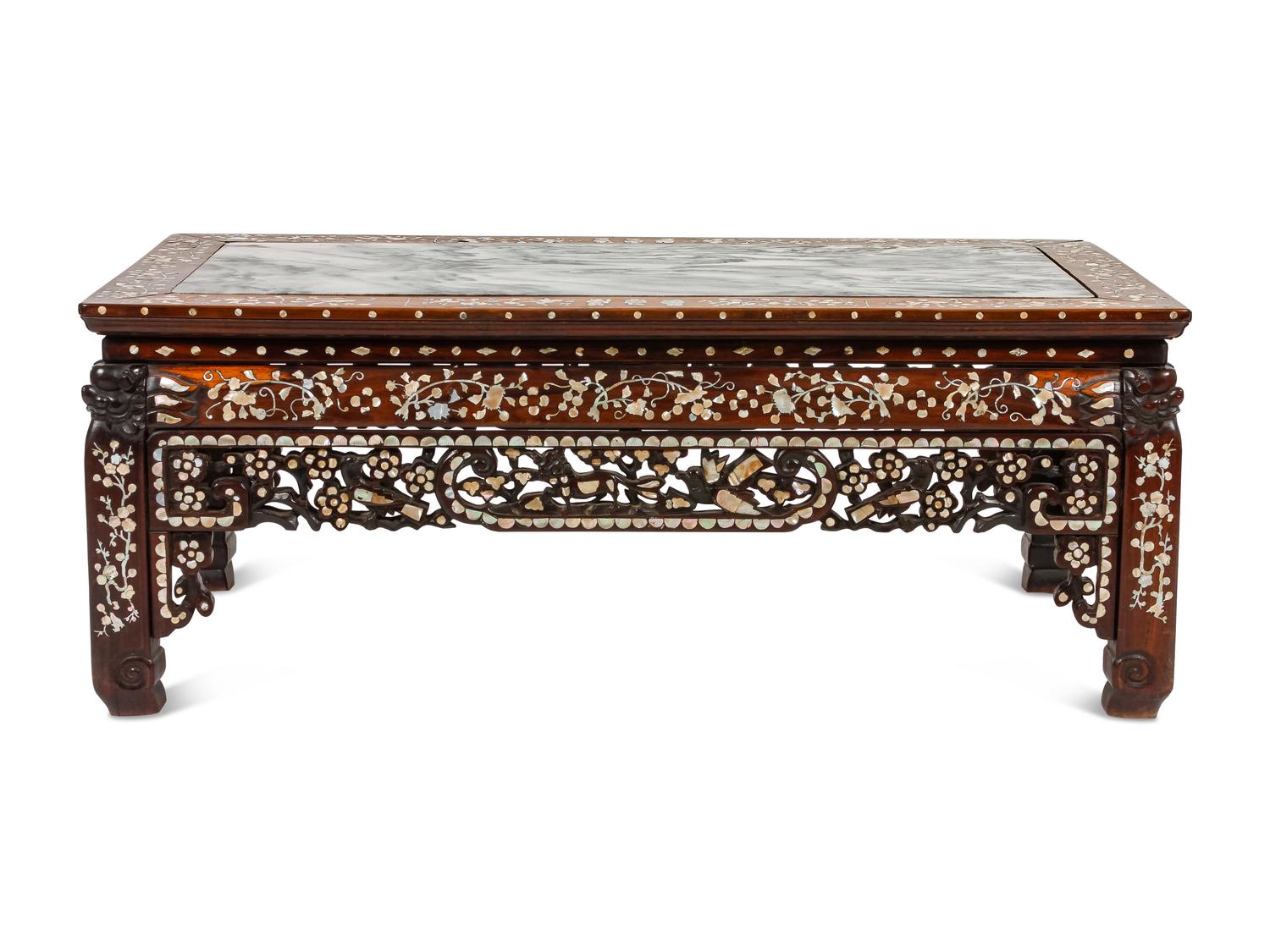A Chinese Mother-of-Pearl Inlaid Rosewood Settee and a Low Table