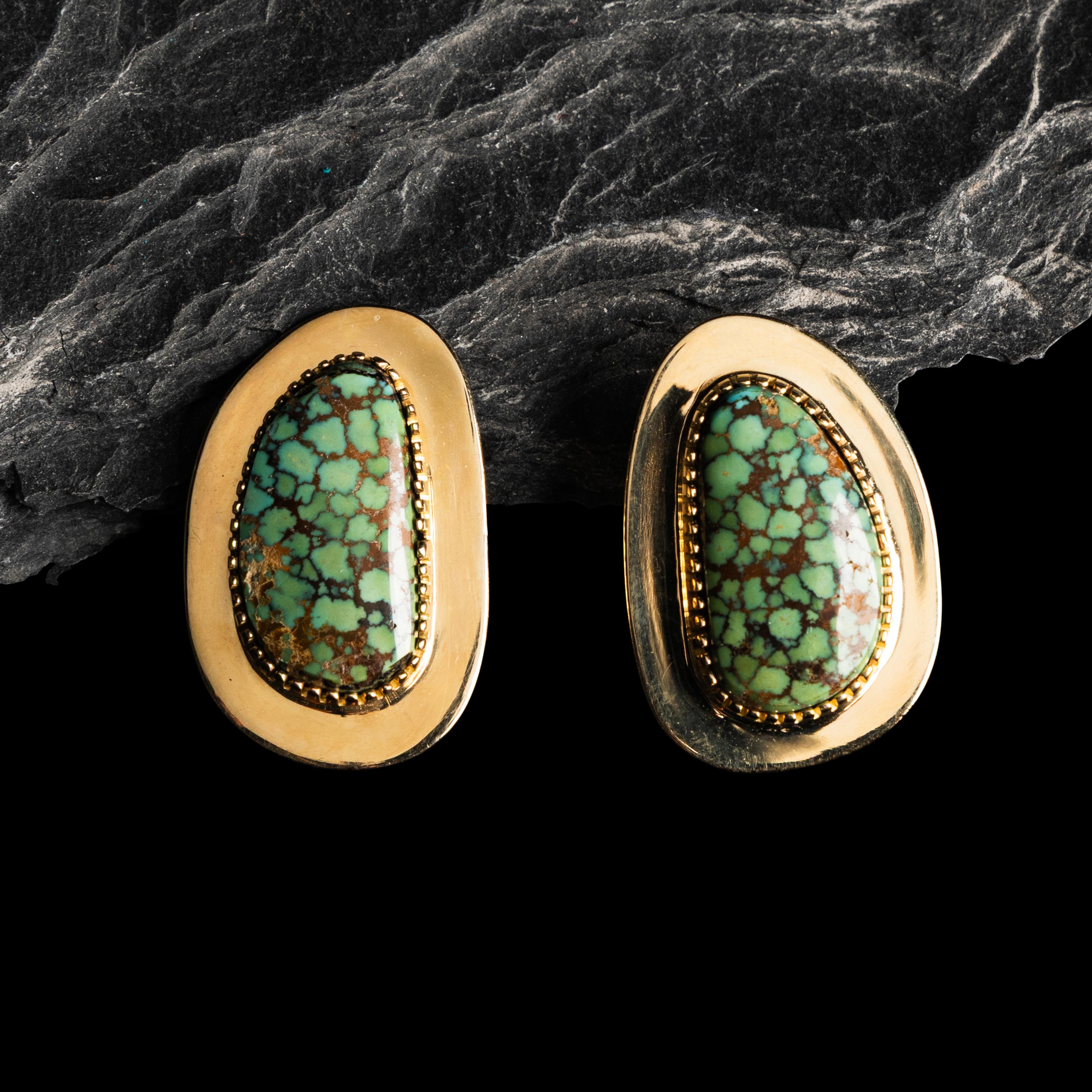Tommy Jackson (Diné, b. 1958) — 14K Gold and Gem Grade Turquoise Necklace and Matching Clip Earrings
