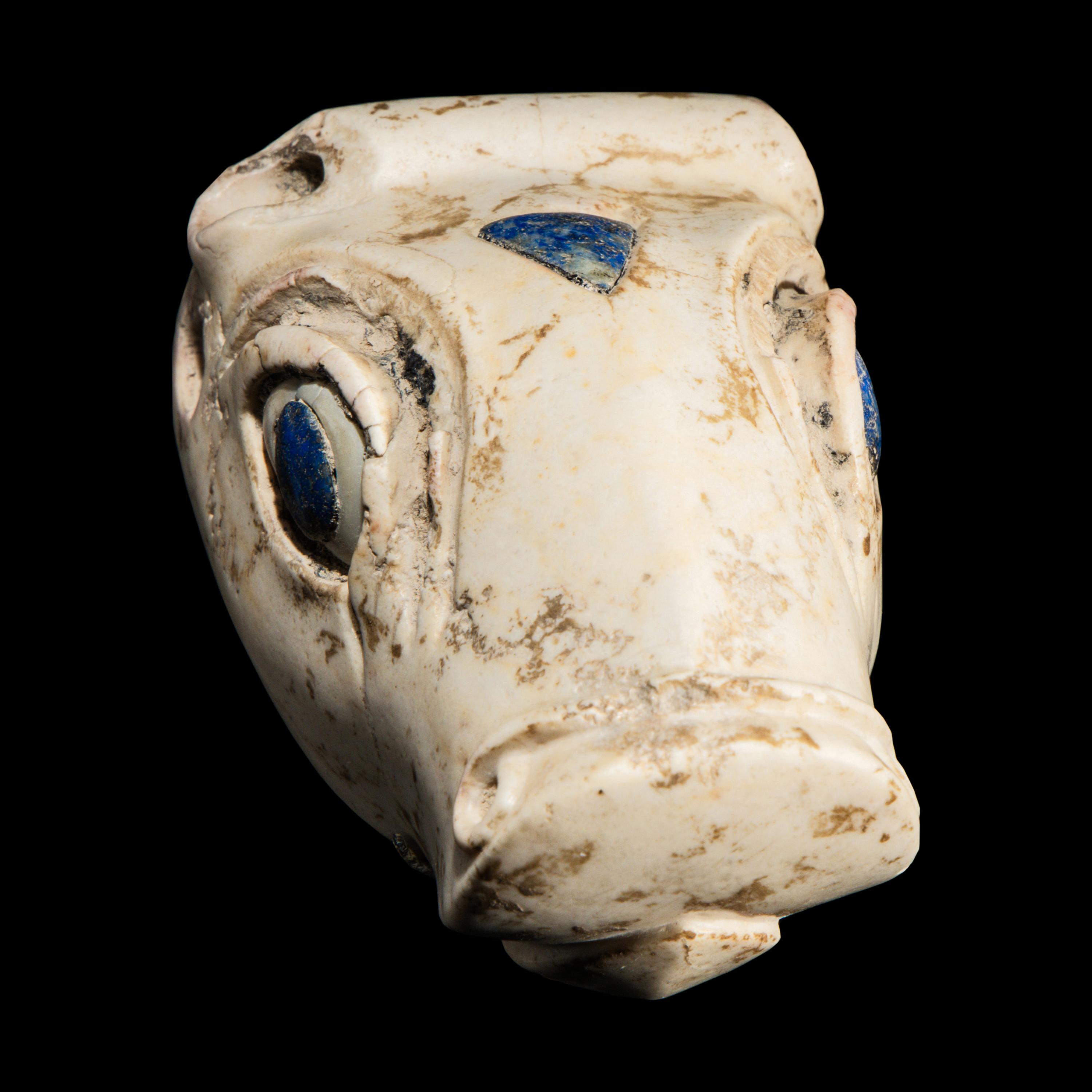 A Mesopotamian Marble and Lapis Lazuli Inlay Bull Head