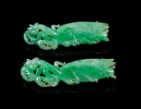 A Pair of Chinese Silver and Jadeite Brooches Length 2 inches.