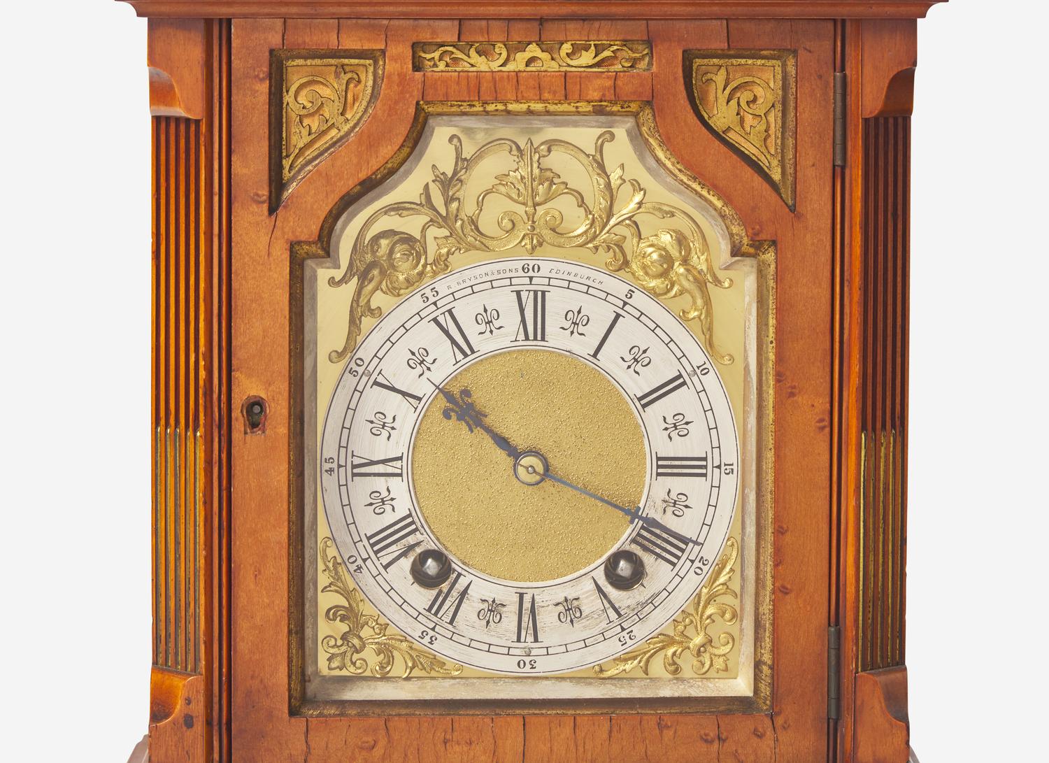 A Scottish Gilt Brass Mounted and Pierce Carved Walnut Mantel Clock