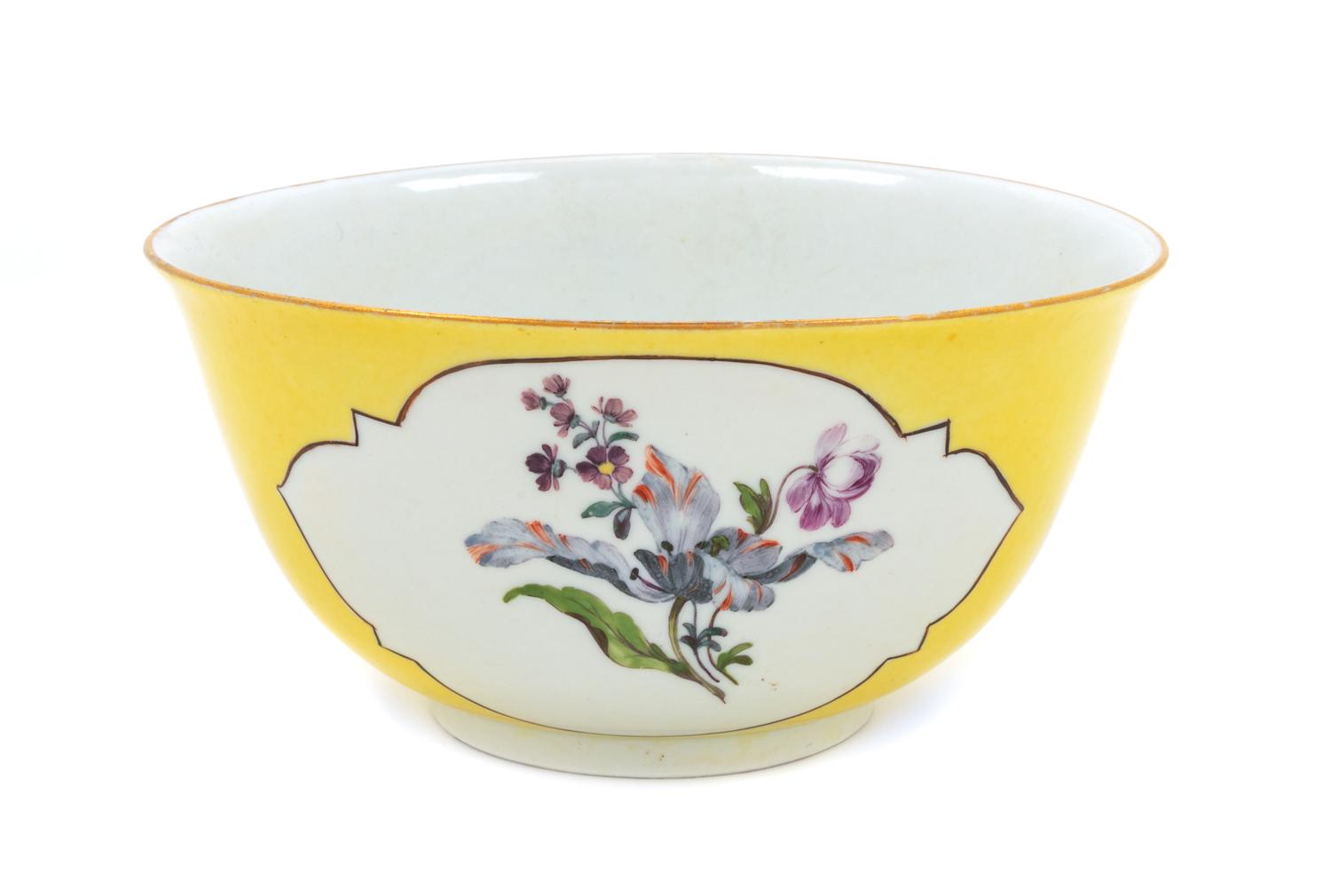 A Meissen Painted and Parcel Gilt Yellow Ground Porcelain Bowl