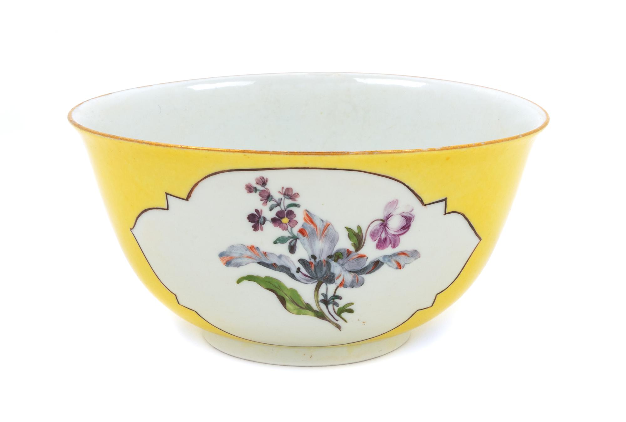 A Meissen Painted and Parcel Gilt Yellow Ground Porcelain Bowl