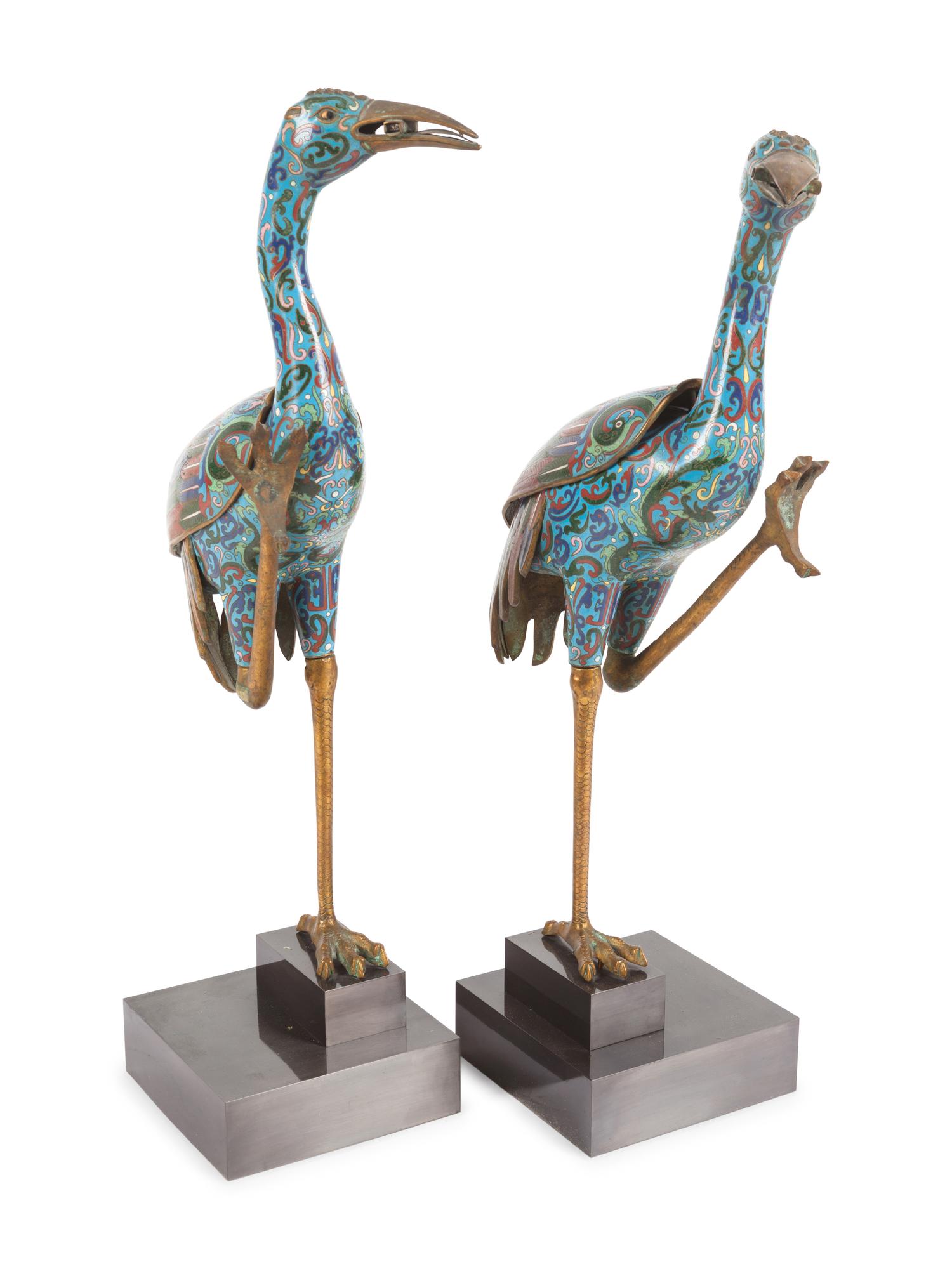 A Pair of Cloisonné Models of Cranes