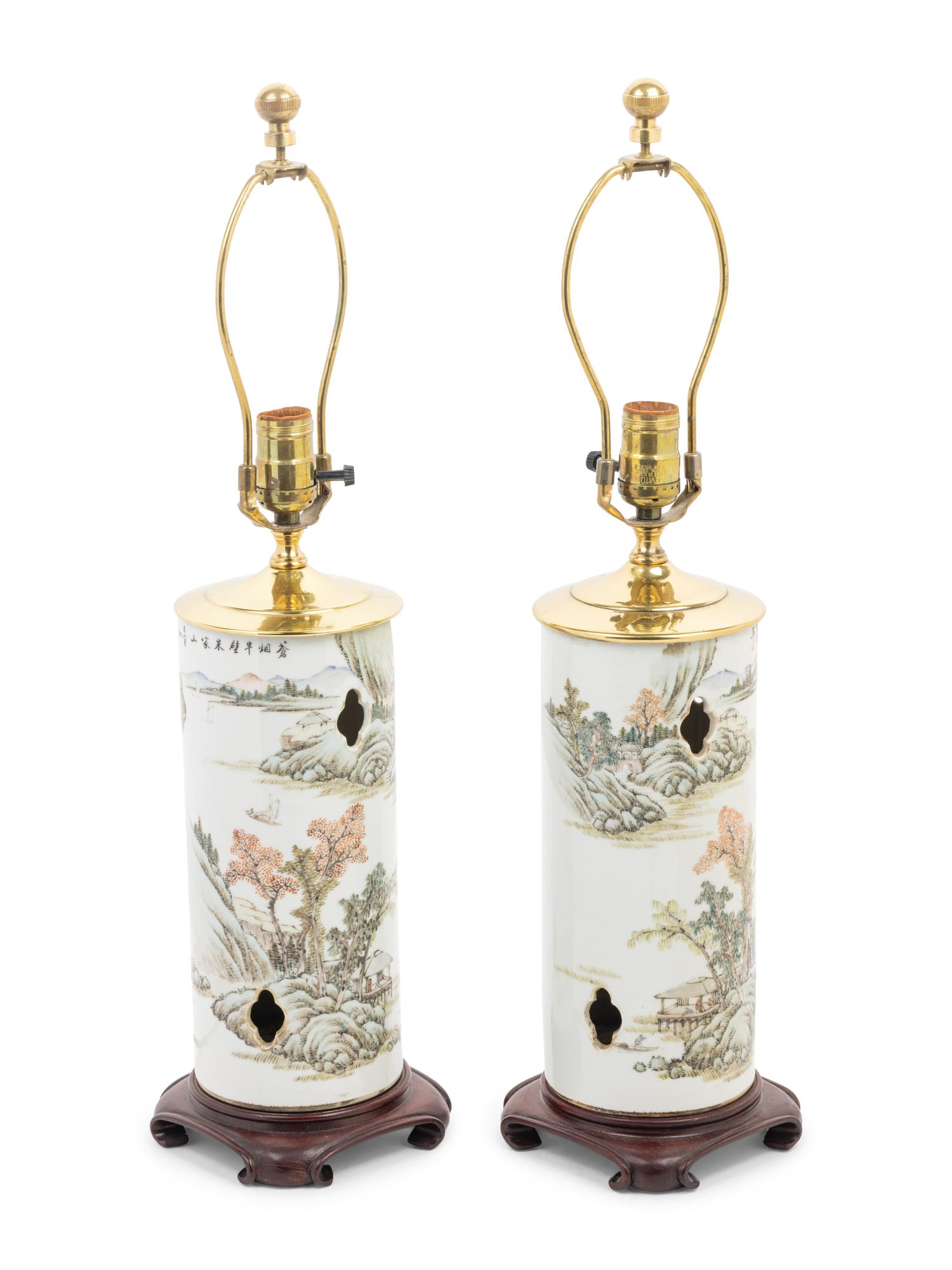 A Pair of Chinese Qianjiang Porcelain Hat Holders Mounted as Lamps