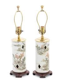 A Pair of Chinese Qianjiang Porcelain Hat Holders Mounted as Lamps