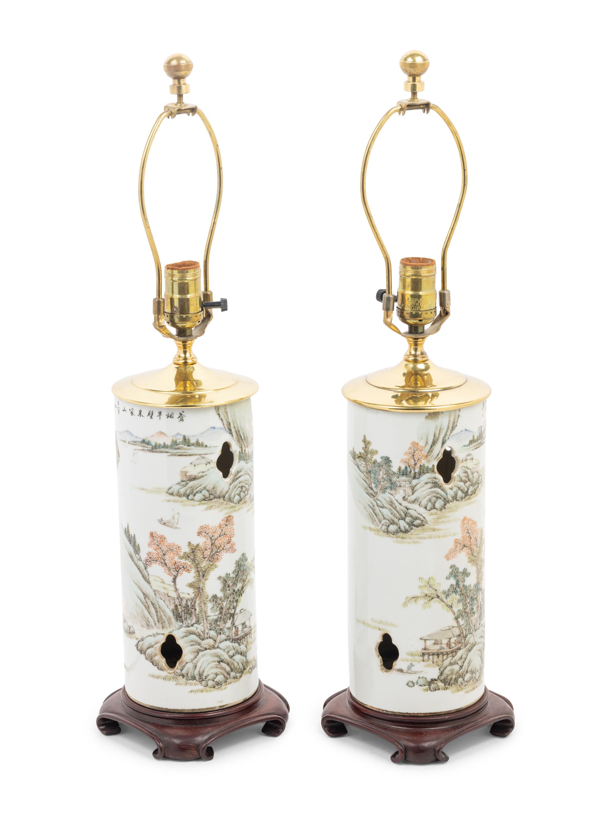 A Pair of Chinese Qianjiang Porcelain Hat Holders Mounted as Lamps