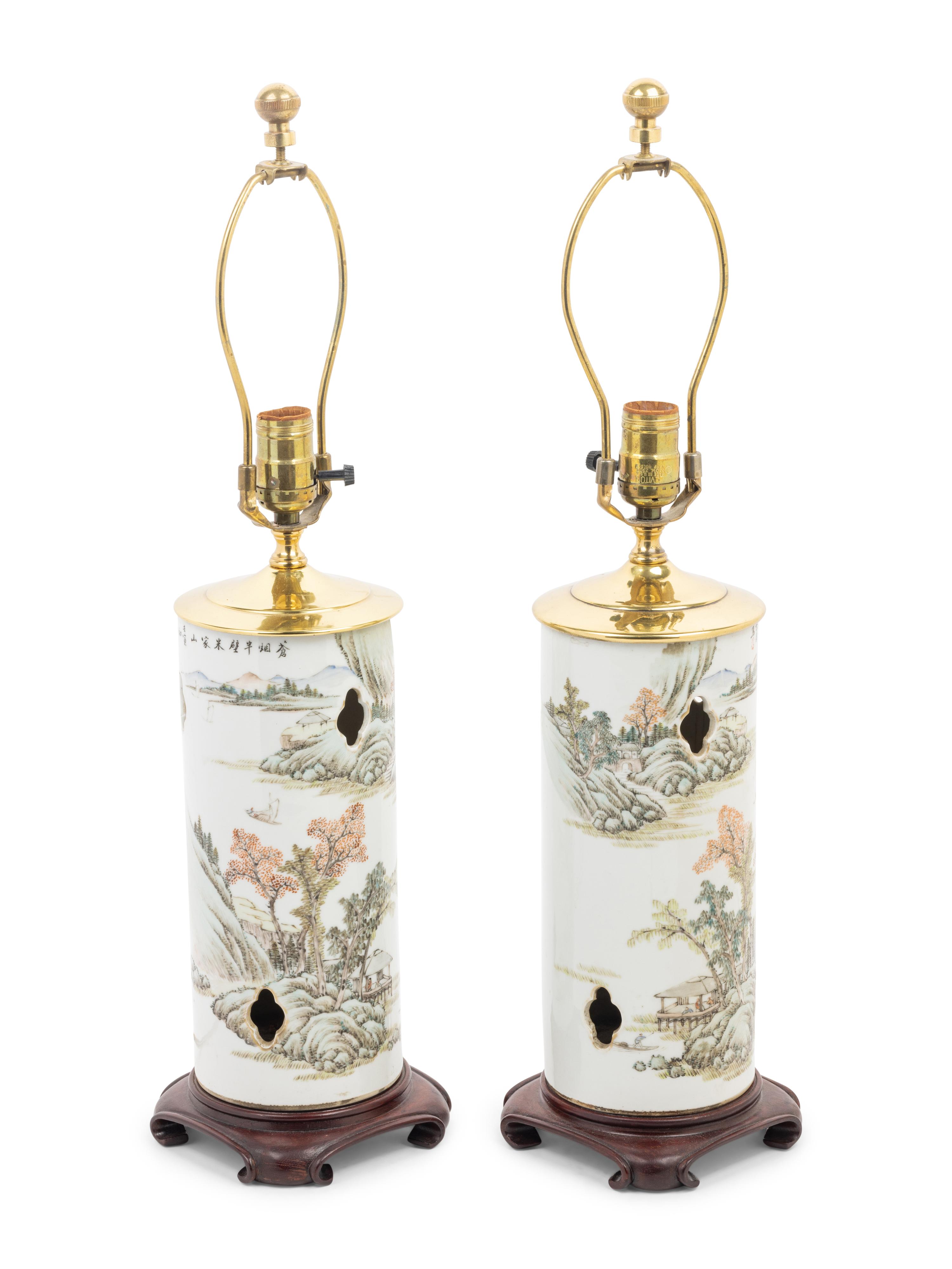 A Pair of Chinese Qianjiang Porcelain Hat Holders Mounted as Lamps
