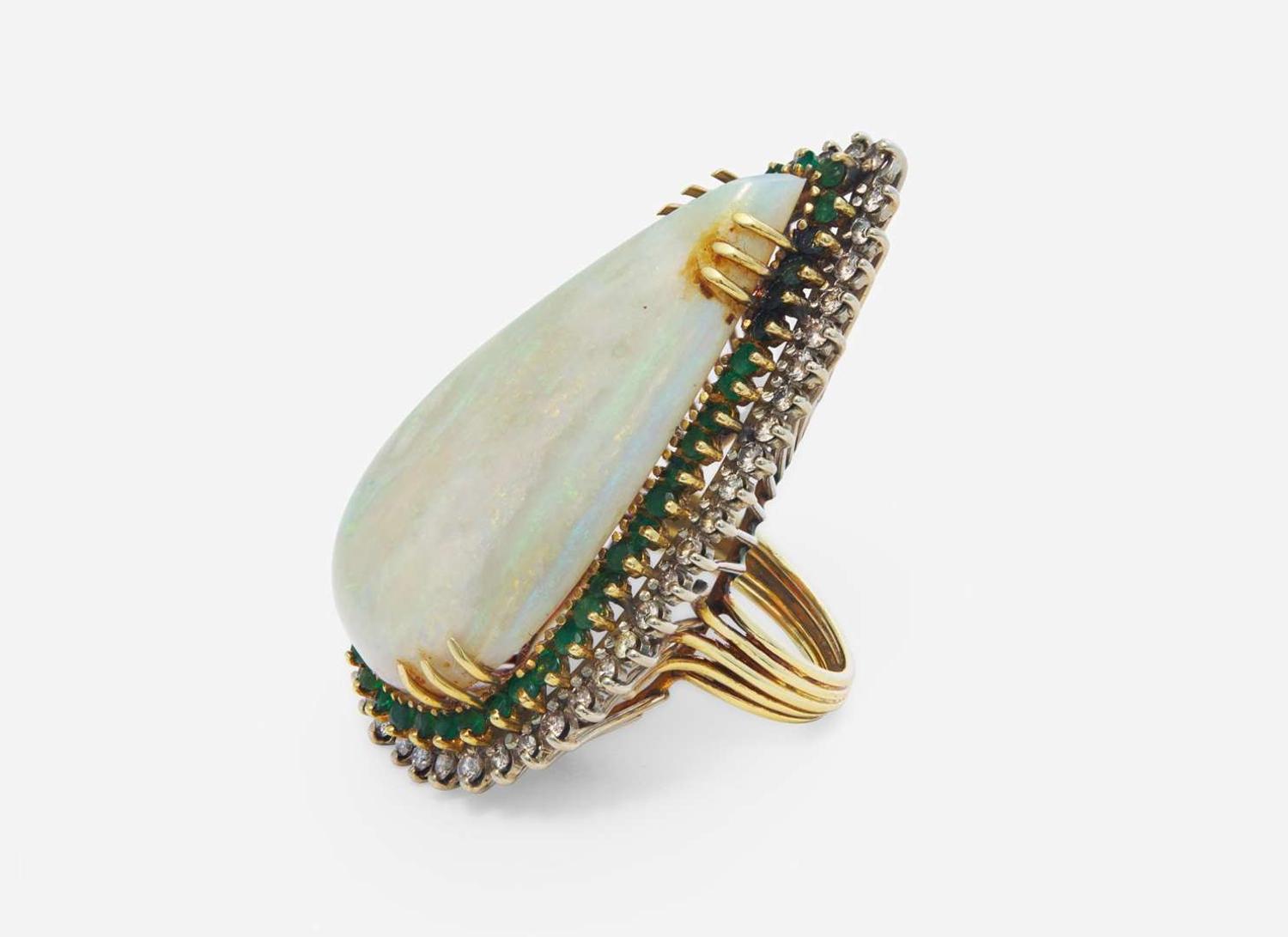 A Yellow Gold, Opal, and Gemstone Ring