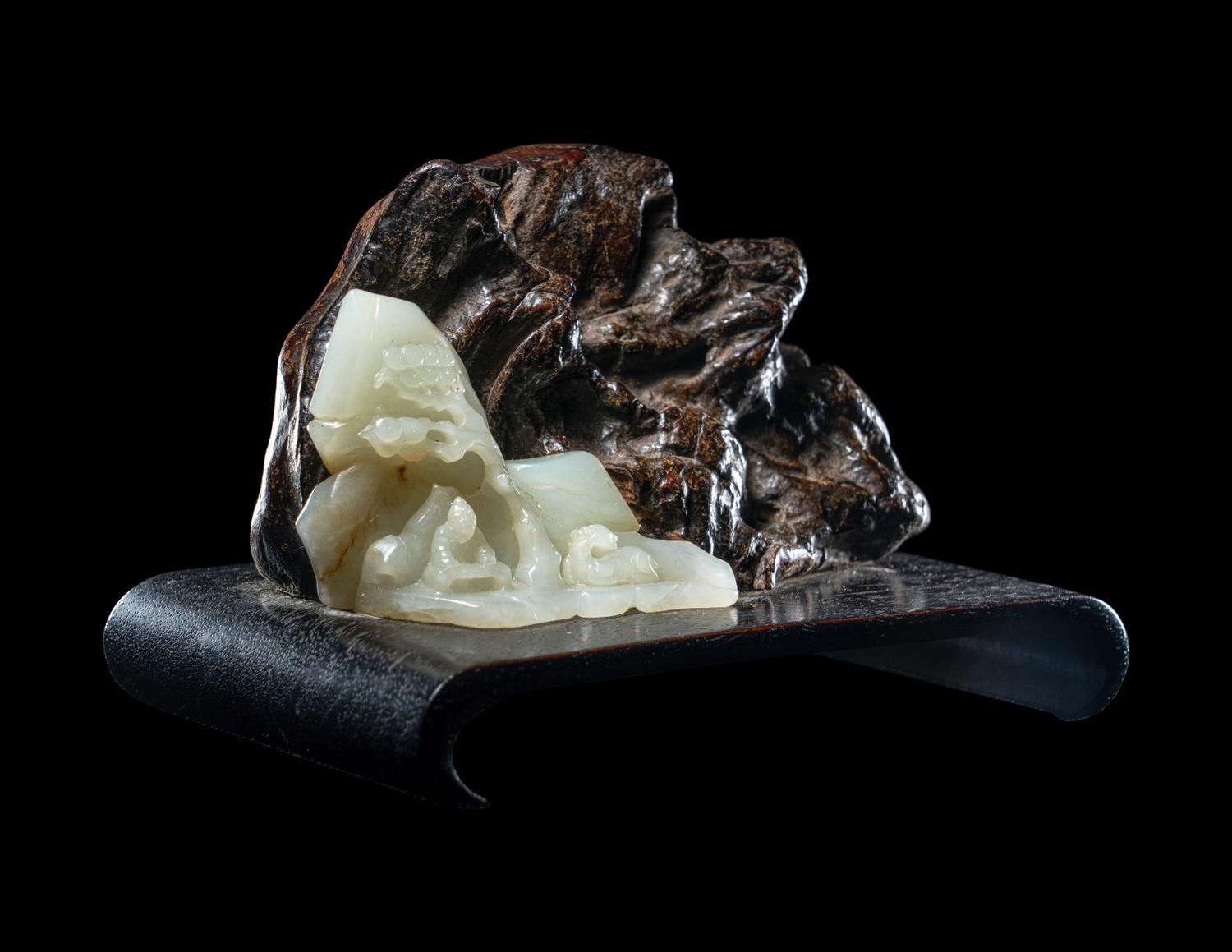 A Carved Celadon Jade and Rootwood Mountain