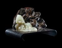 A Carved Celadon Jade and Rootwood Mountain