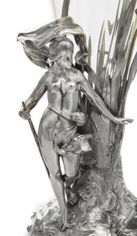 An Art Nouveau Silvered Metal and Blown Glass Figural Vase, Wurttembergische Metallwarenfabrik (WMF), c. 1906