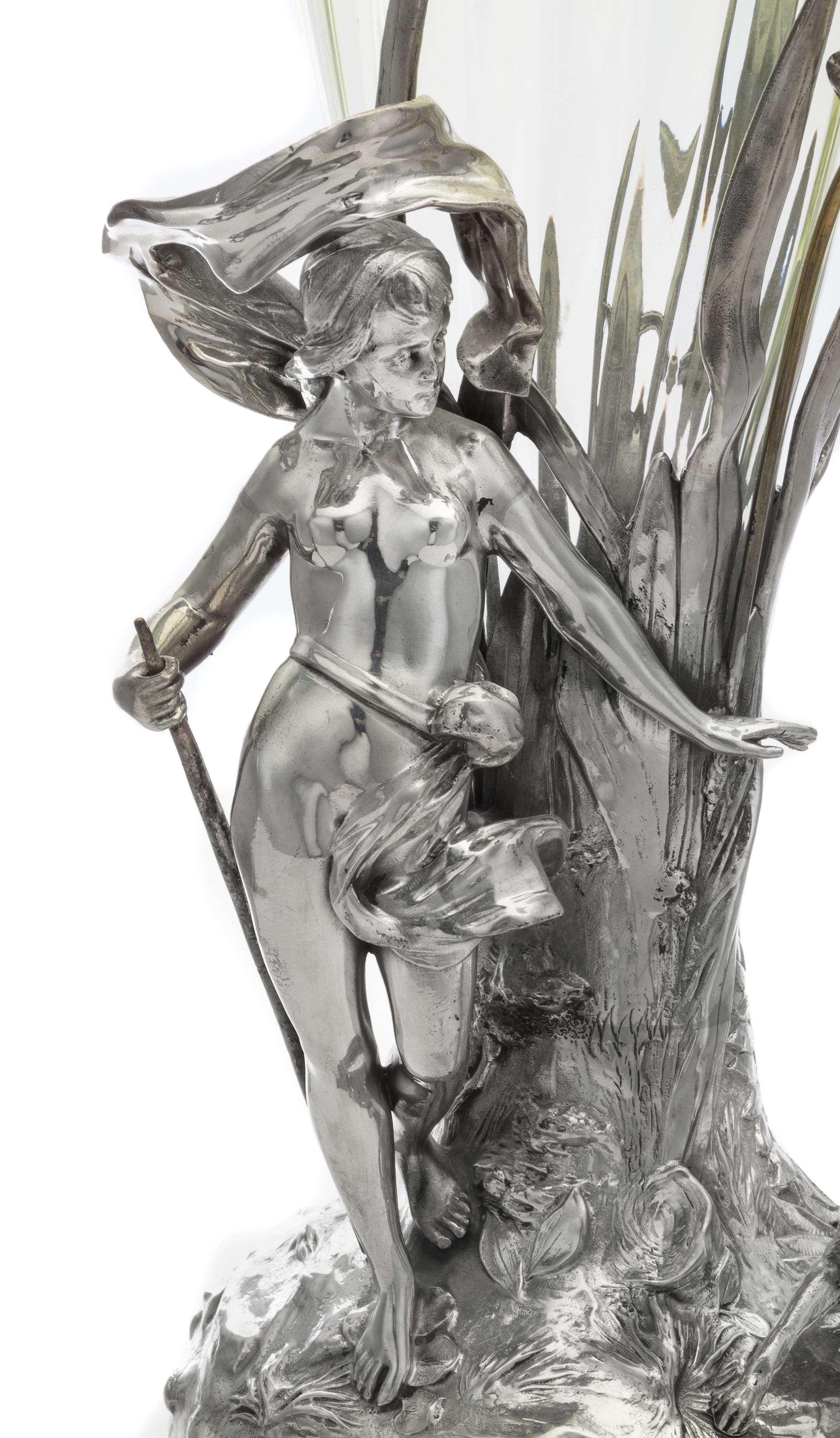 An Art Nouveau Silvered Metal and Blown Glass Figural Vase, Wurttembergische Metallwarenfabrik (WMF), c. 1906