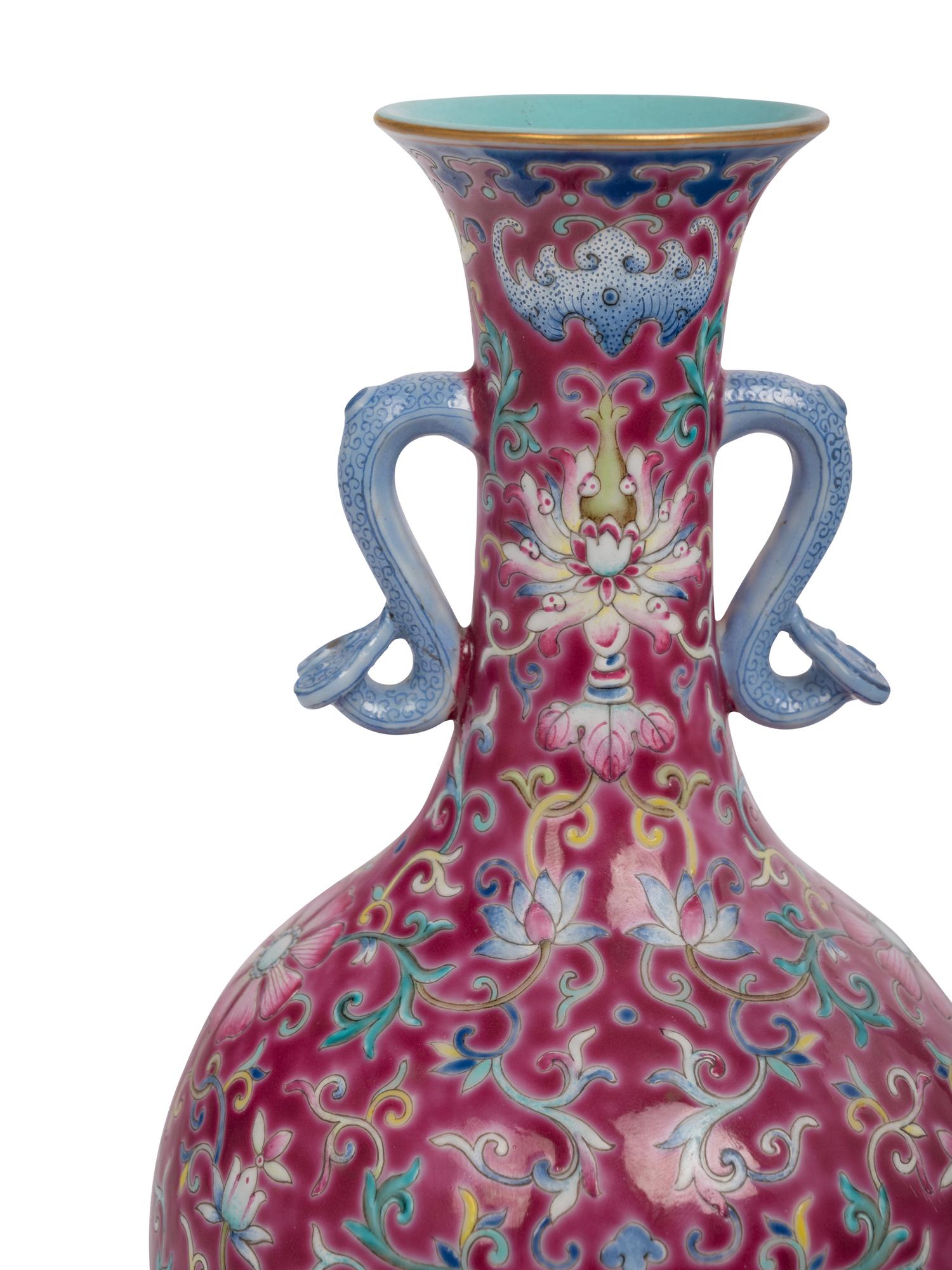 A Ruby Ground Famille Rose Porcelain Vase