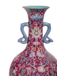 A Ruby Ground Famille Rose Porcelain Vase