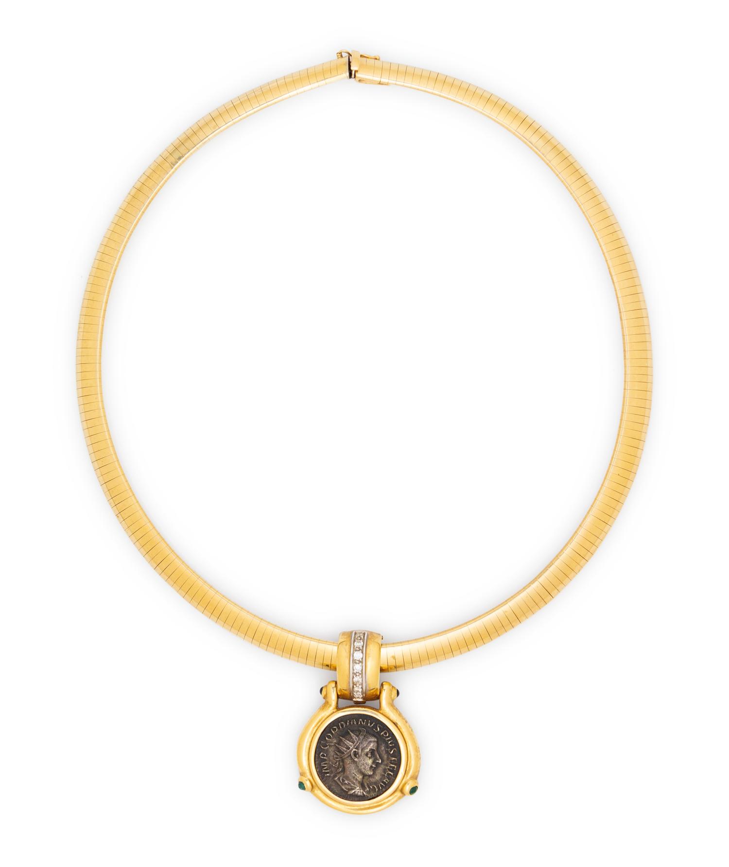 A Yellow Gold, Emerald, Diamond, Coin Pendant/Necklace,