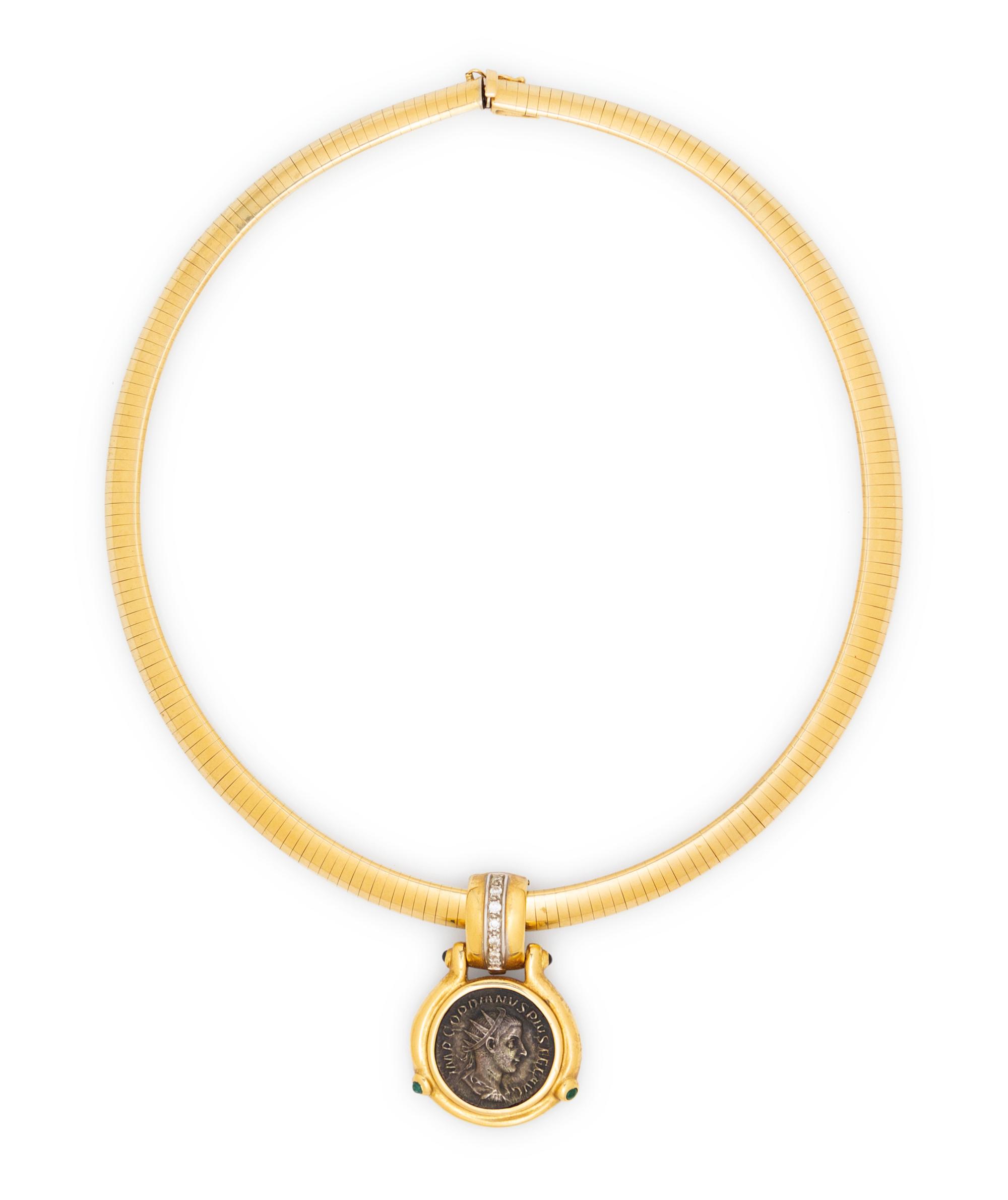A Yellow Gold, Emerald, Diamond, Coin Pendant/Necklace,