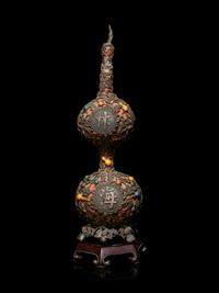 A Silver and Hardstone Mounted Double Gourd