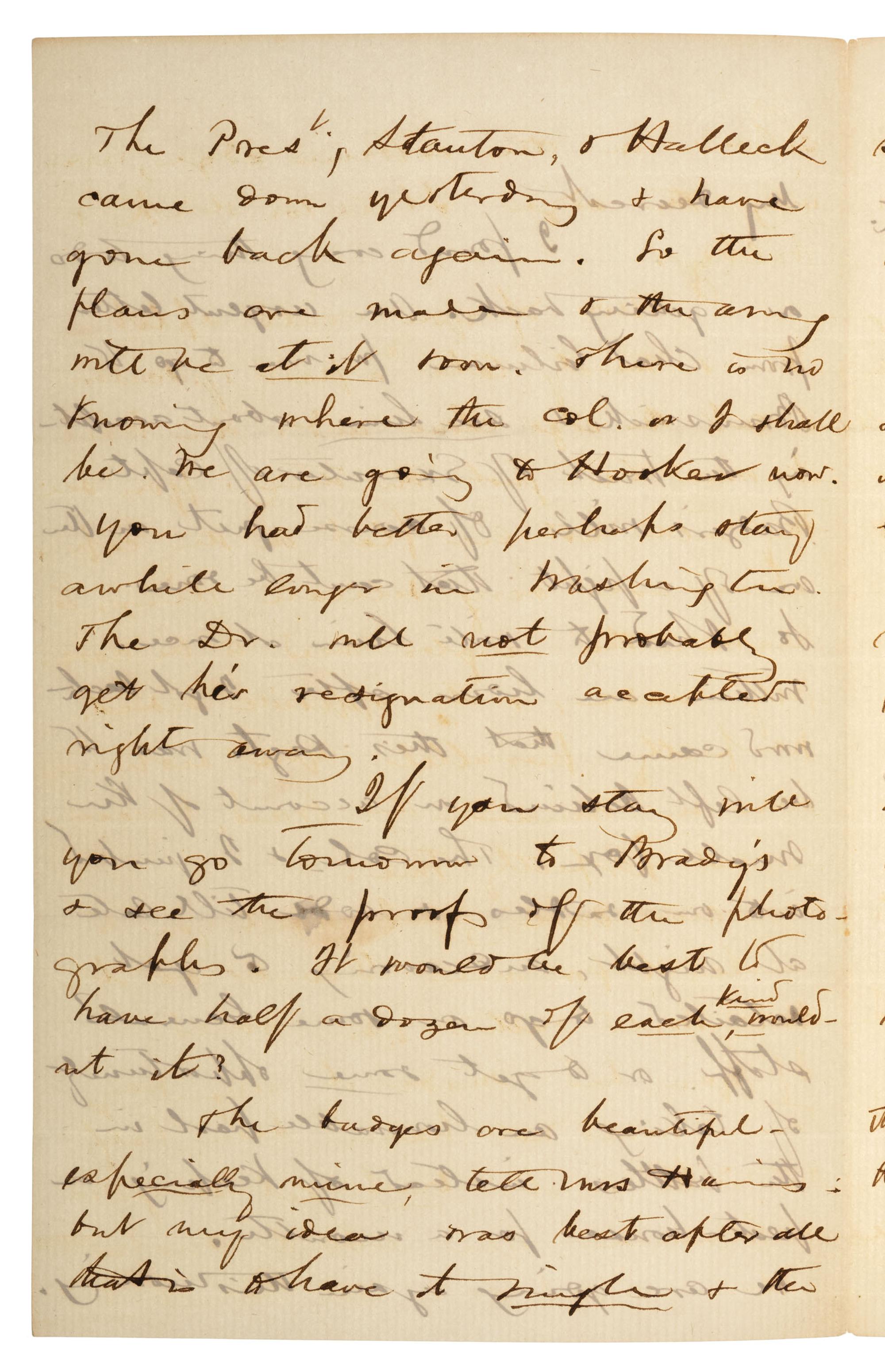 CHAMBERLAIN, Joshua (1828-1914). Autograph letter to his wife Fanny in which he discusses the corps badges made for him by Fanny and the family's housekeeper. N.p., [9 April 1863].