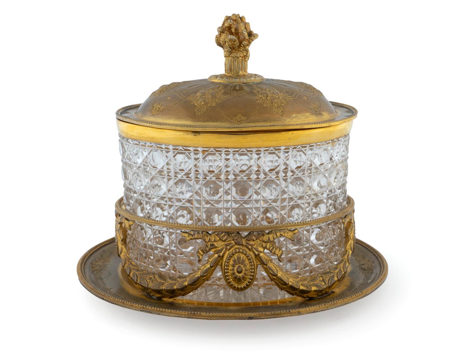An English Gilt Metal Mounted Cut Glass Biscuit Barrel — MARTIN HALL & CO., SHEFFIELD, 19TH CENTURY