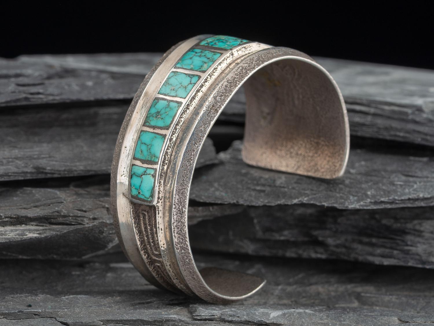 Tapered Tufa Cast Silver Cuff Bracelet, with Turquoise