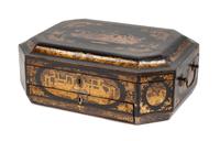 An English Colonial Lacquered Sewing Box Height 5 x width 15 x depth 10 1/2 inches. — 19TH CENTURY