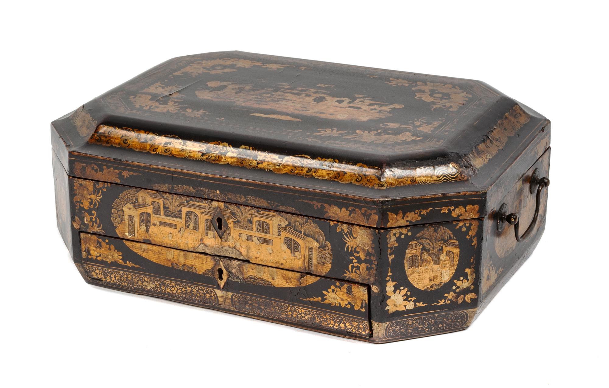 An English Colonial Lacquered Sewing Box Height 5 x width 15 x depth 10 1/2 inches. — 19TH CENTURY