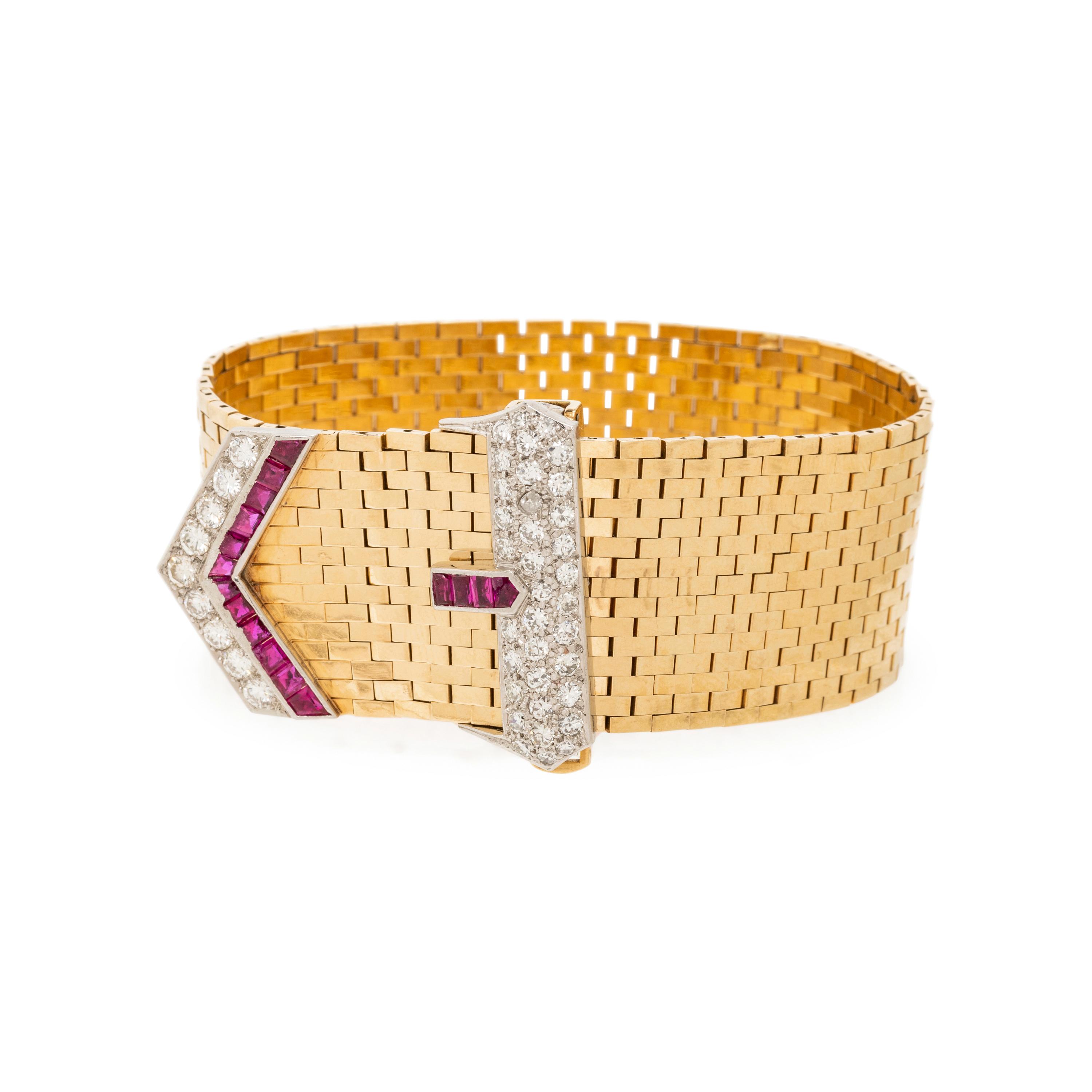 CARTIER, RETRO, YELLOW GOLD, DIAMOND AND RUBY BUCKLE BRACELET