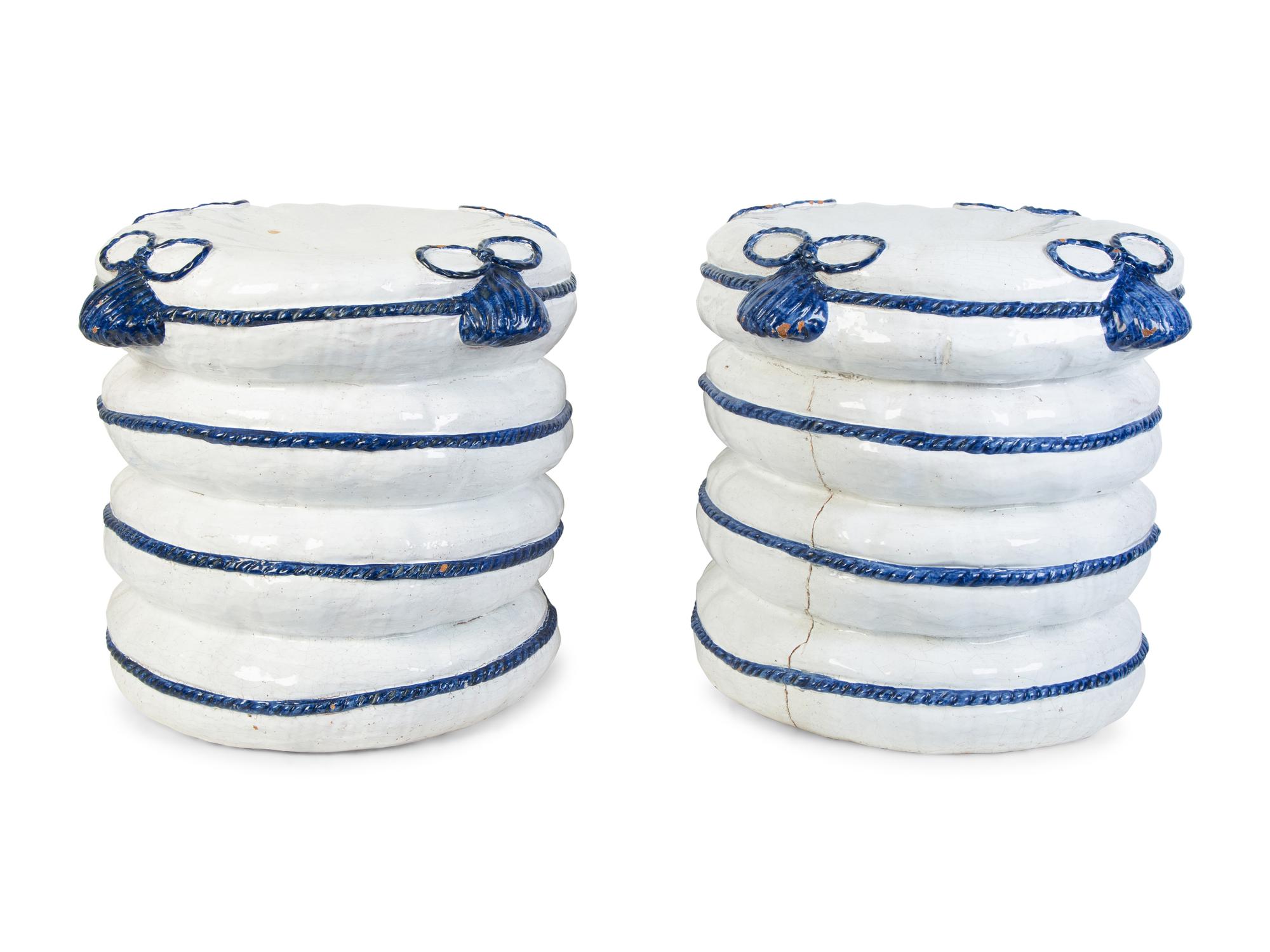 A Pair of Italian Glazed Terracotta Pillow-Form Stools — 20TH CENTURY