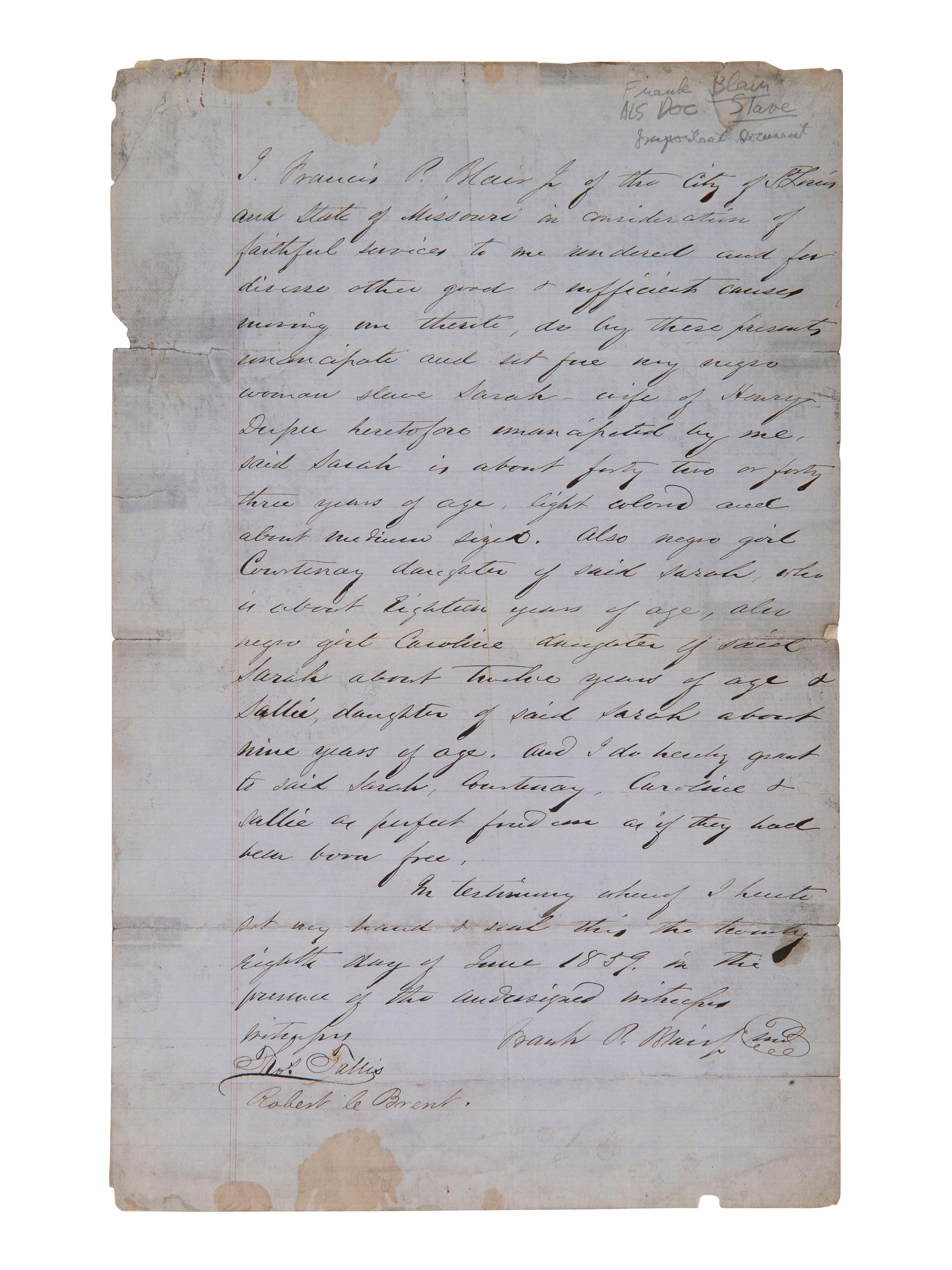 [ENSLAVEMENT]. Manuscript manumission of 4 enslaved women by Francis P. BLAIR. St. Louis, MO, 1859.