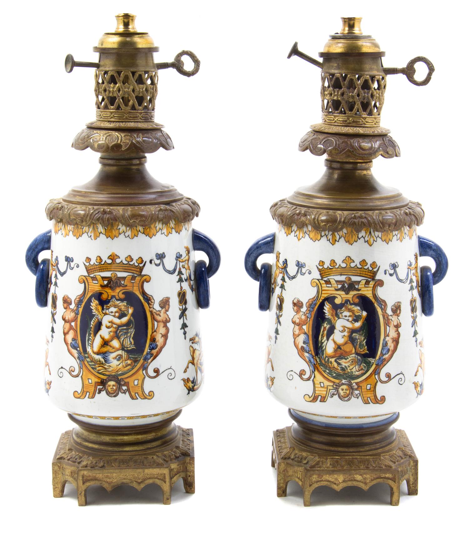 A Pair of French Faience Lamps, Height 12 inches.