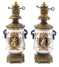 A Pair of French Faience Lamps, Height 12 inches.