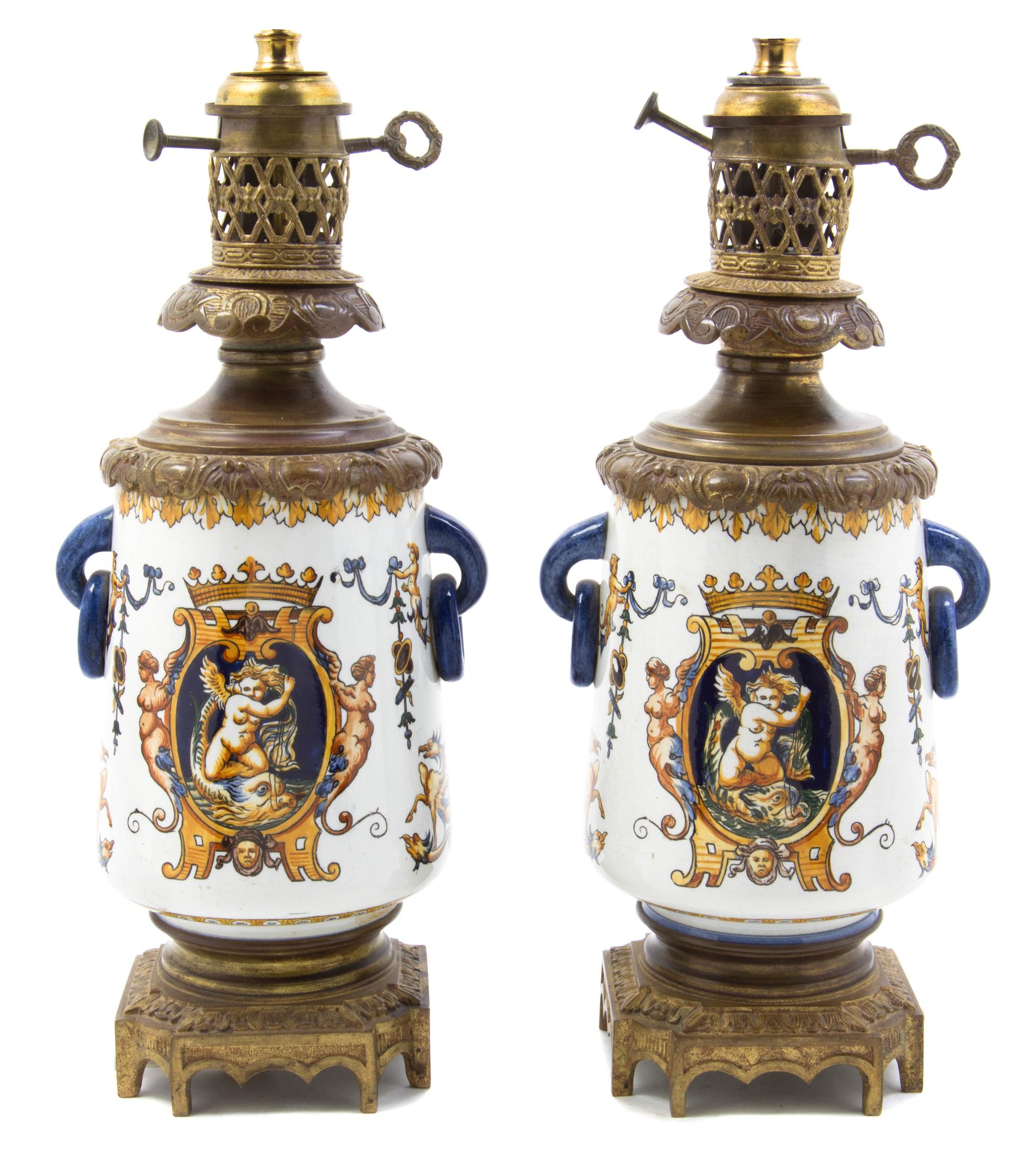A Pair of French Faience Lamps, Height 12 inches.
