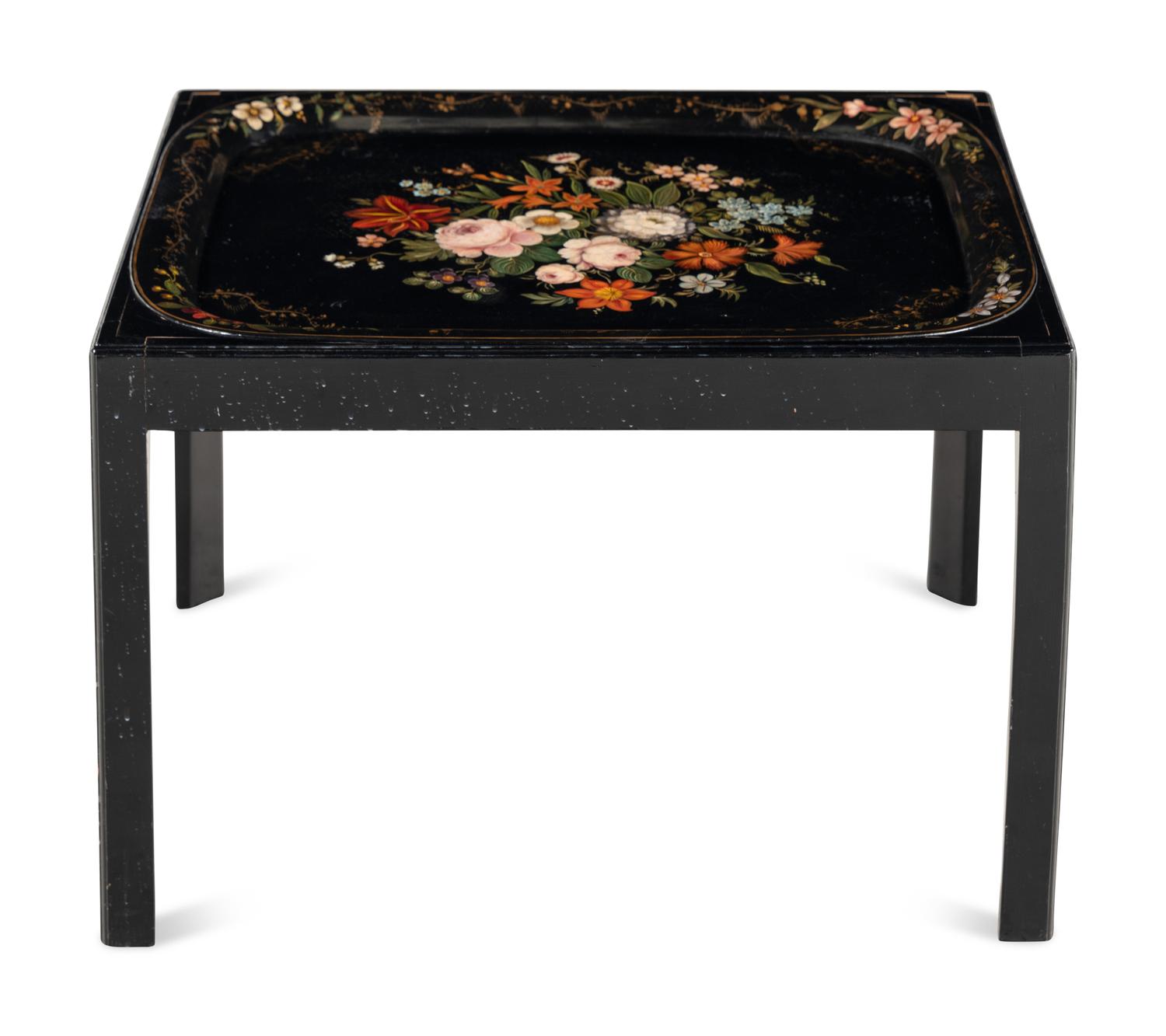 A Victorian Papier Mache Tray on a Later Stand