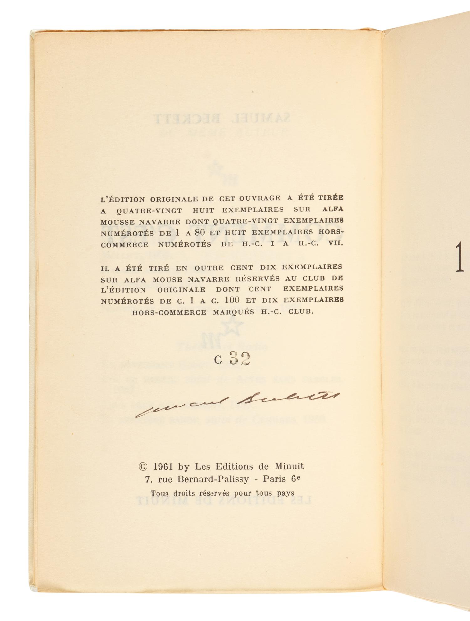 BECKETT, Samuel (1906-1989). Comment c'est . Paris: Éditions de Minuit, 1961.