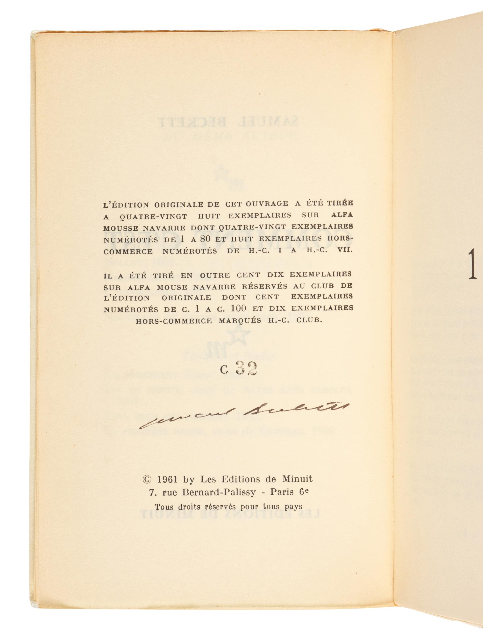 BECKETT, Samuel (1906-1989). Comment c'est . Paris: Éditions de Minuit, 1961.