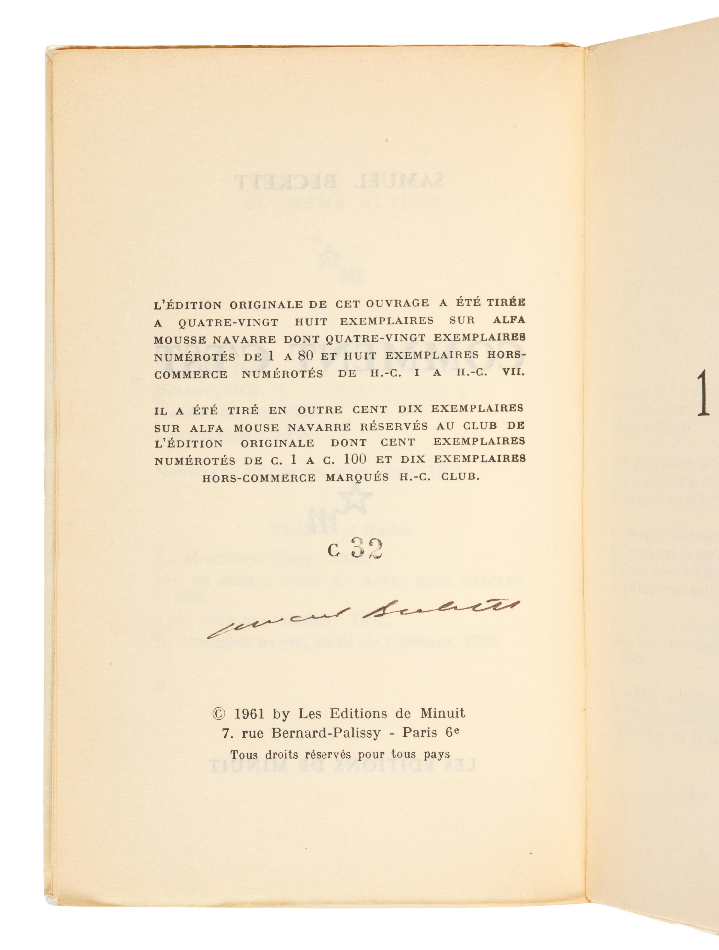 BECKETT, Samuel (1906-1989). Comment c'est . Paris: Éditions de Minuit, 1961.