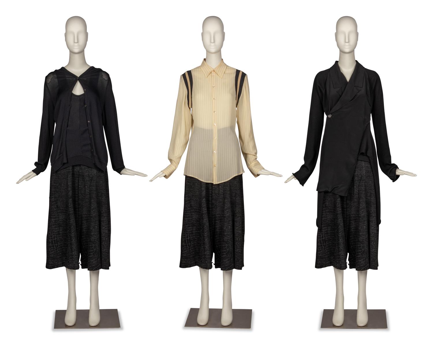 Ann Demeulemeester Sweater, Jean Paul Gaultier Blouse, Yohji Yamamoto Jacket, and Gianfranco Ferré Pant, 1990s