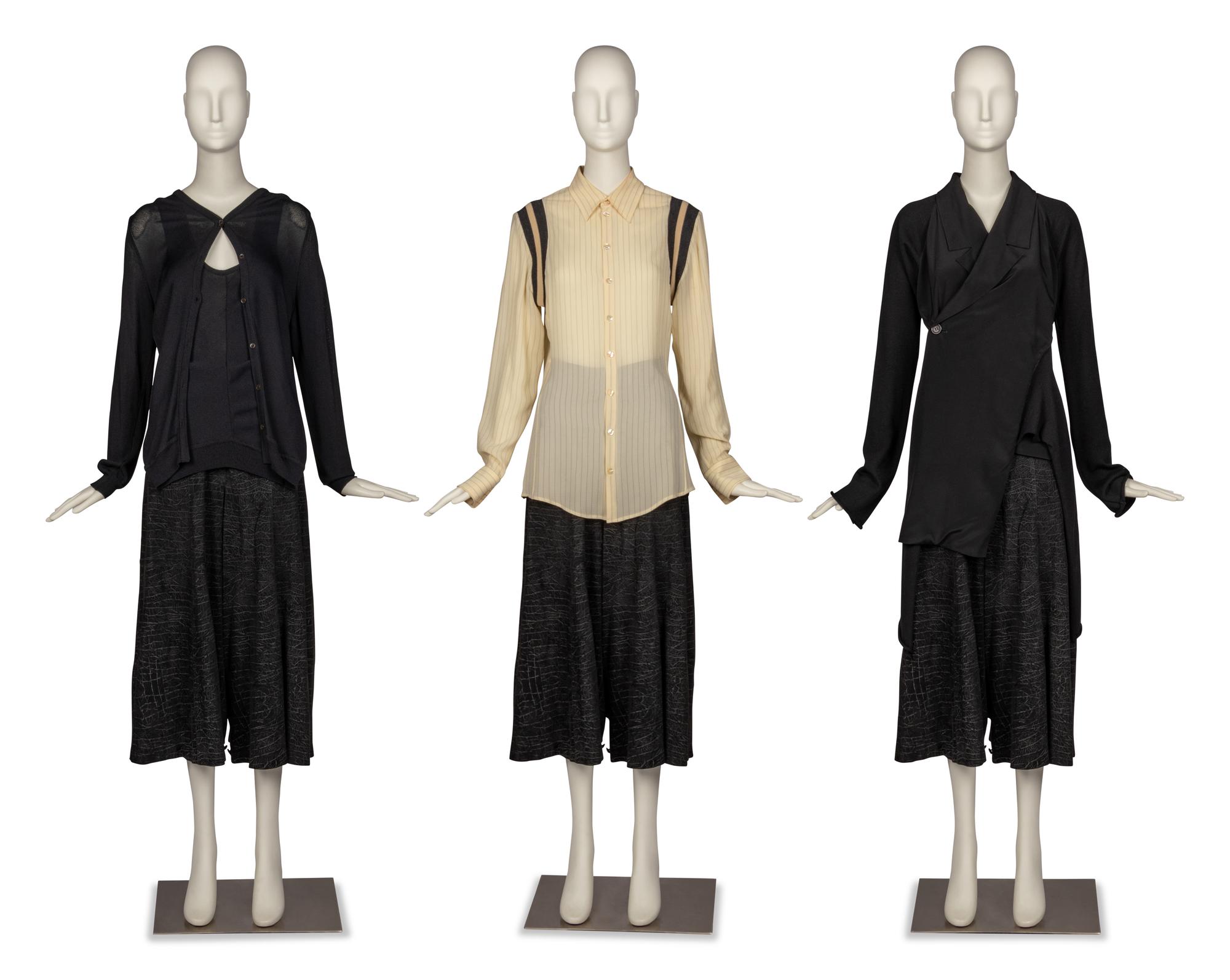 Ann Demeulemeester Sweater, Jean Paul Gaultier Blouse, Yohji Yamamoto Jacket, and Gianfranco Ferré Pant, 1990s