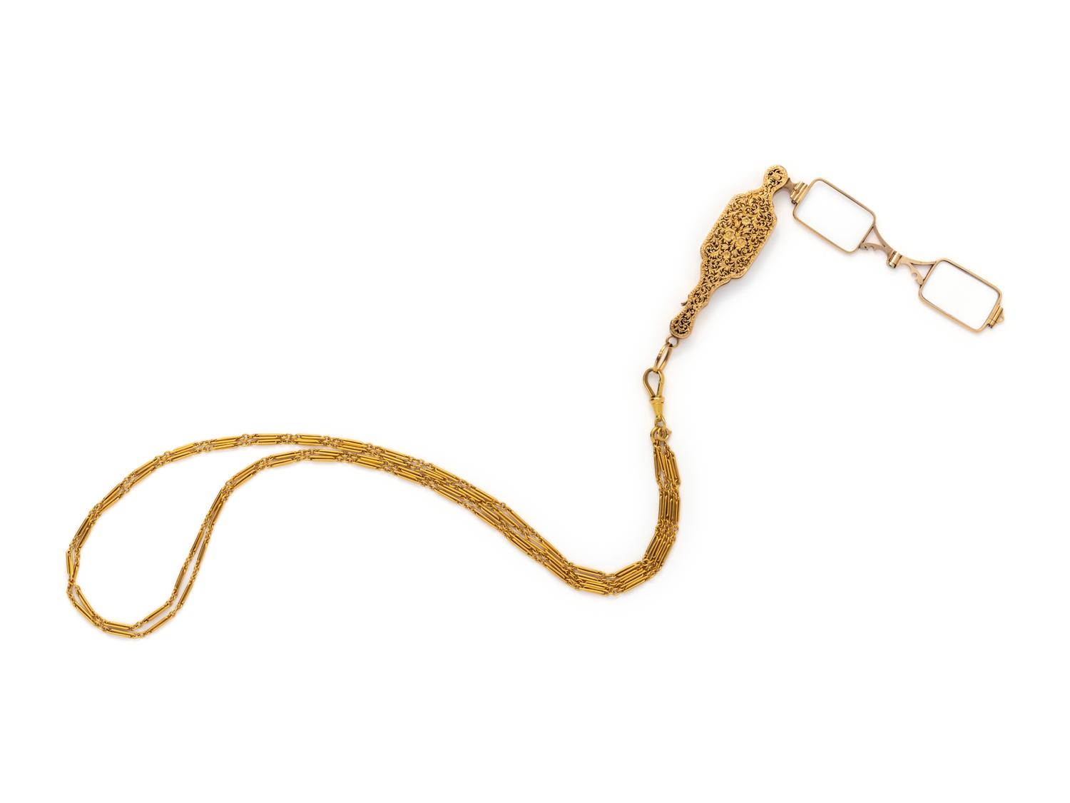 ANTIQUE, YELLOW GOLD LORGNETTE AND LONGCHAIN NECKLACE