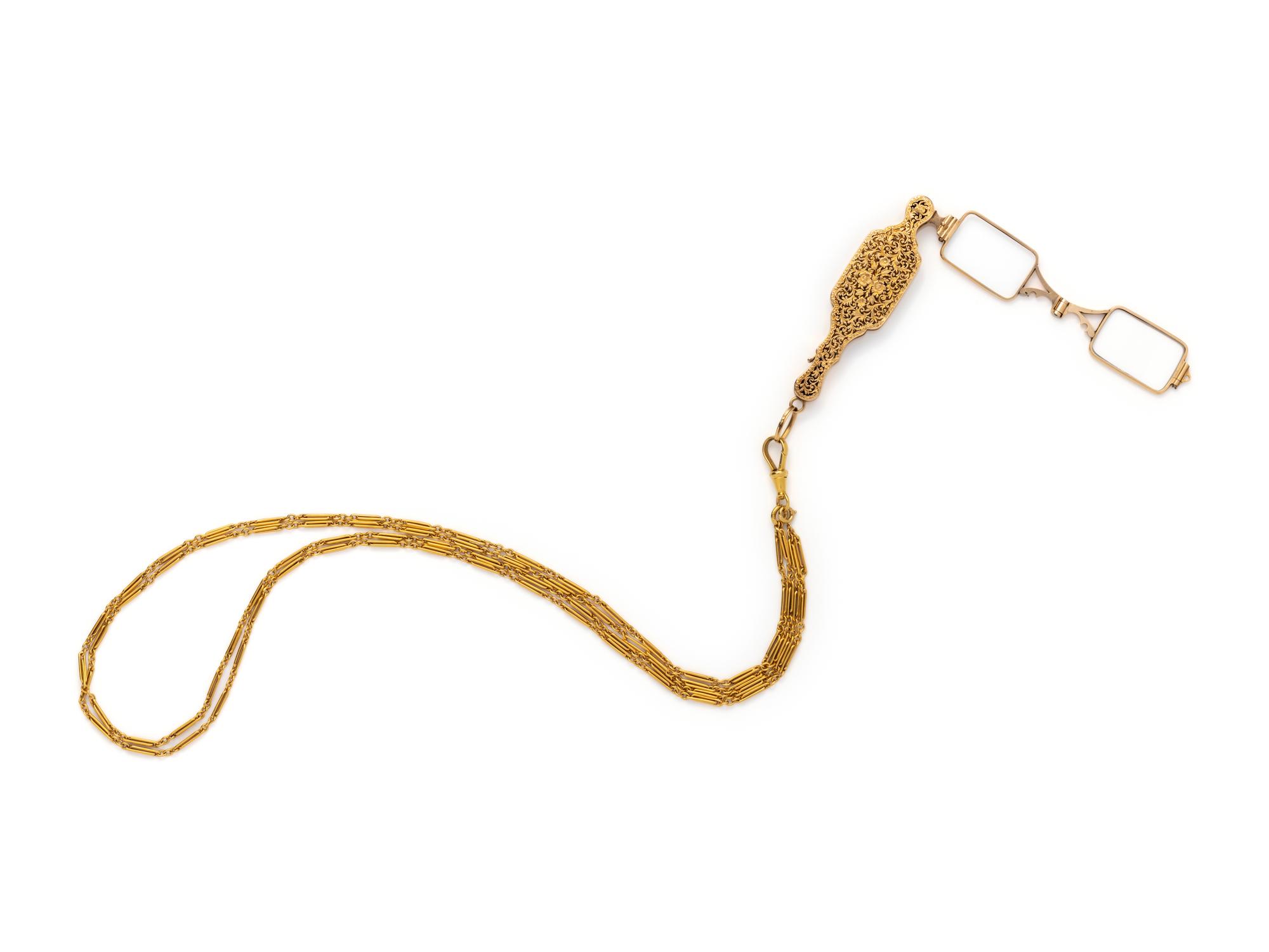 ANTIQUE, YELLOW GOLD LORGNETTE AND LONGCHAIN NECKLACE