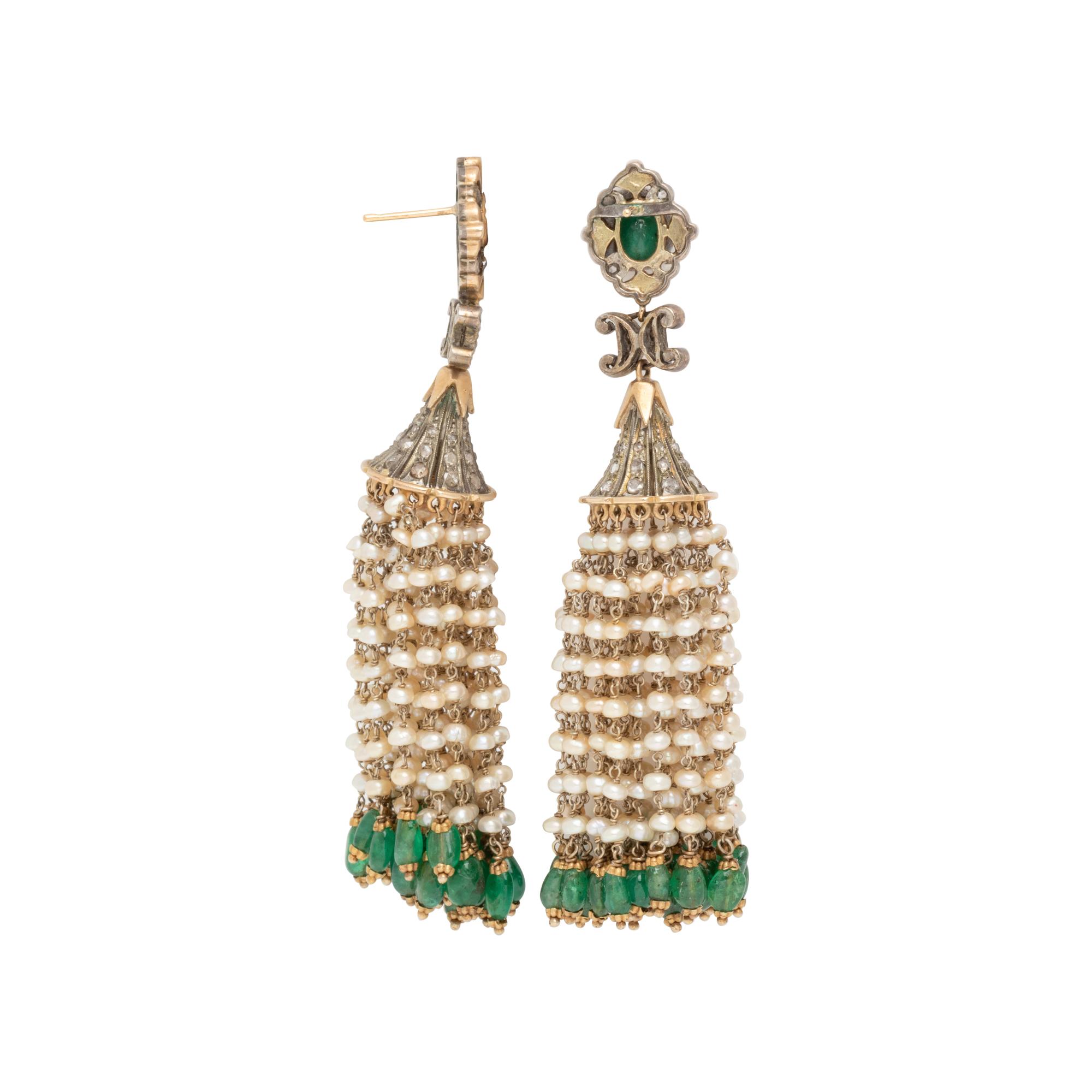 EMERALD, DIAMOND AND SEED PEARL EARRINGS